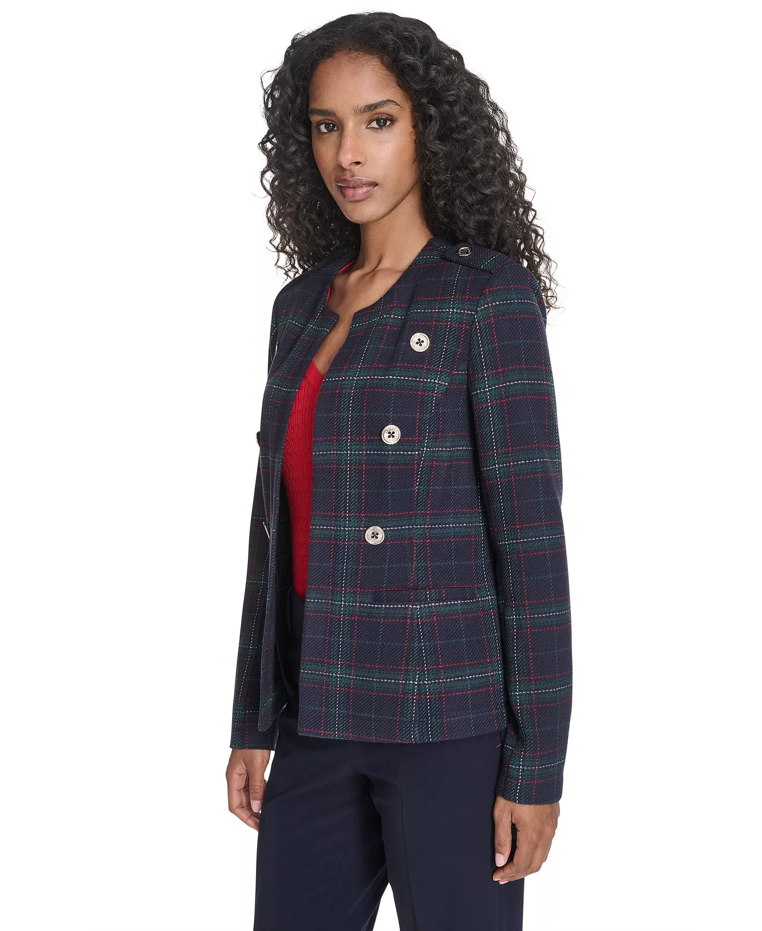 Women's Windowpane Open Front Band Jacket - Midnight Multi - M