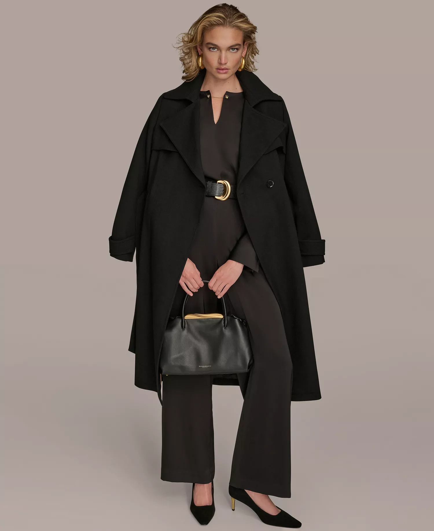 Women's Belted Notched-Collar Trench Coat - Black - L