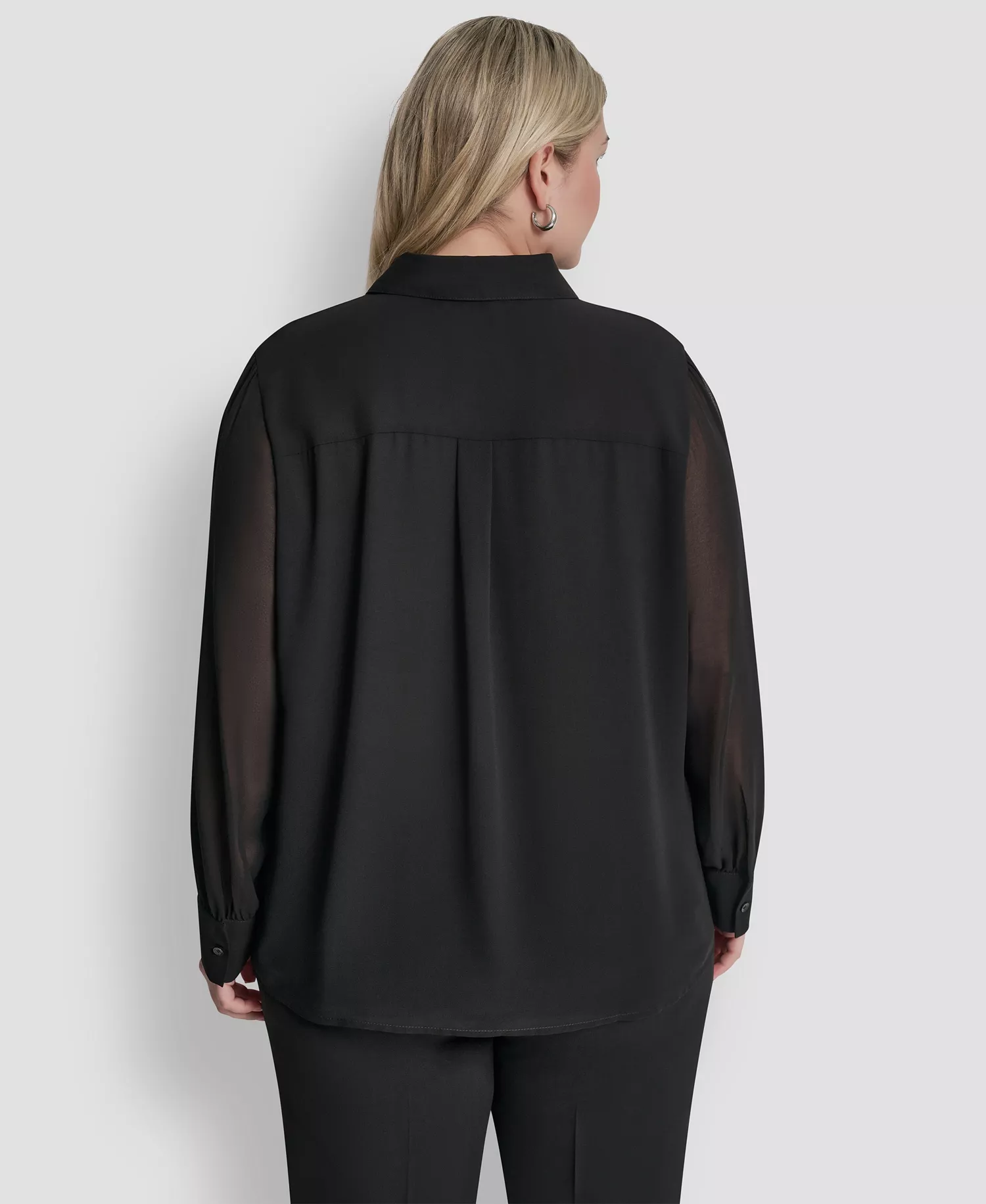 Plus Size Collared Ruffle Detail Long-Sleeve Top - Black - 1X