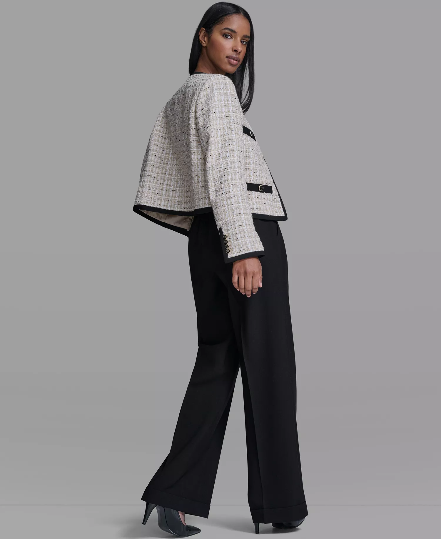 Women's Five-Button Round Neck Tweed Jacket - French Beige Multi - 0