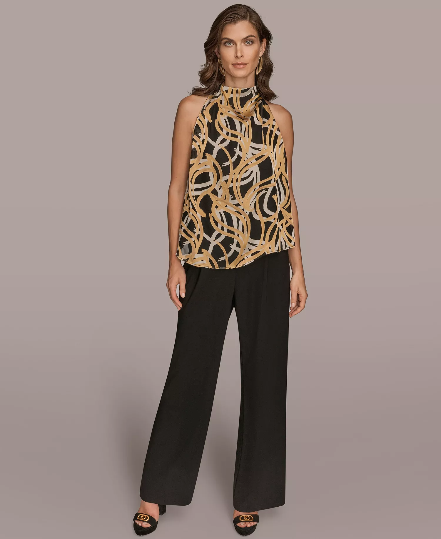 Women's Pleated Shoulder Novelty Burnout Halter Top - Black/Fawn/Tuscan Gray - L