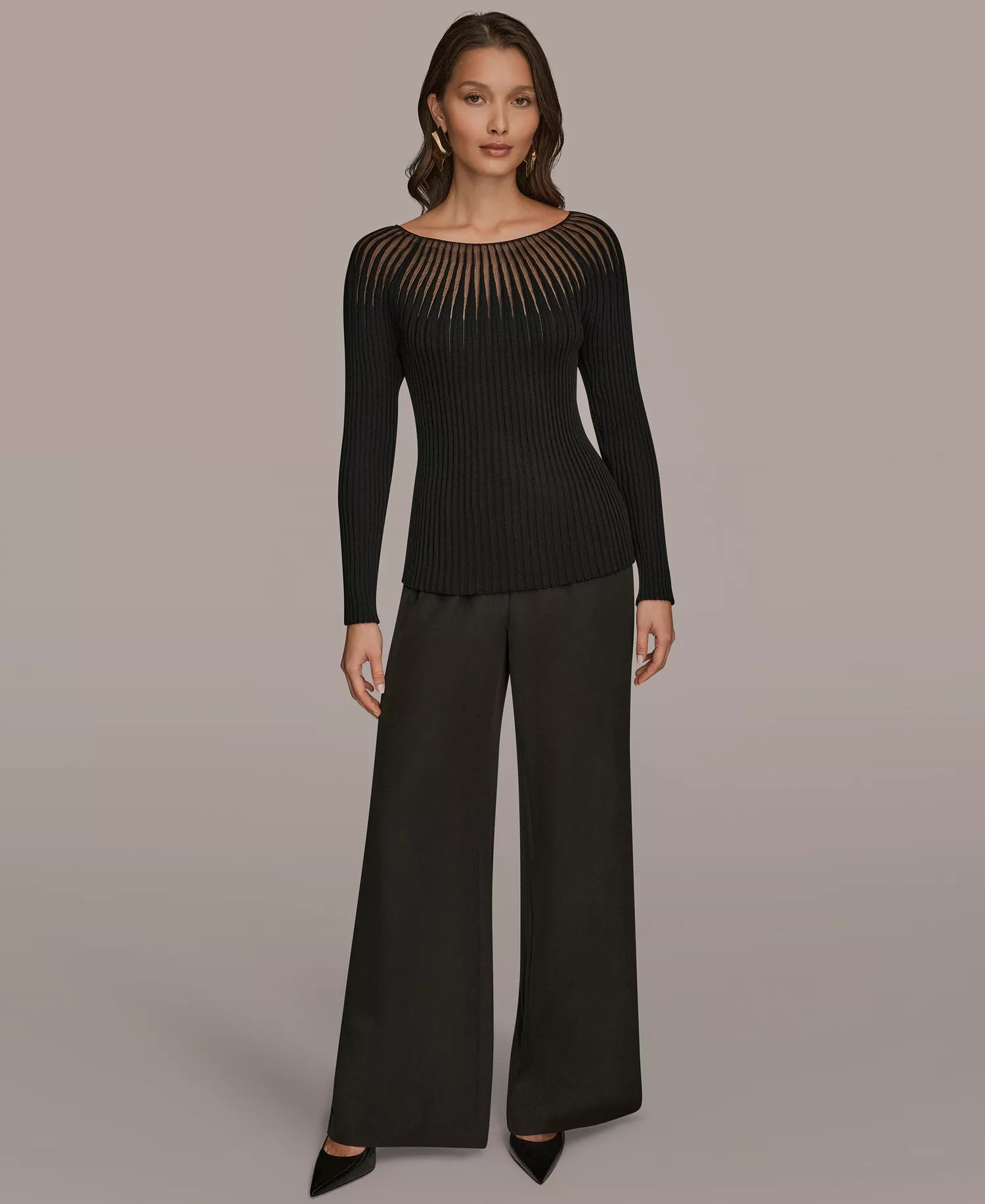 Women's Mesh Detail Boat Neck Sweater - Black - L