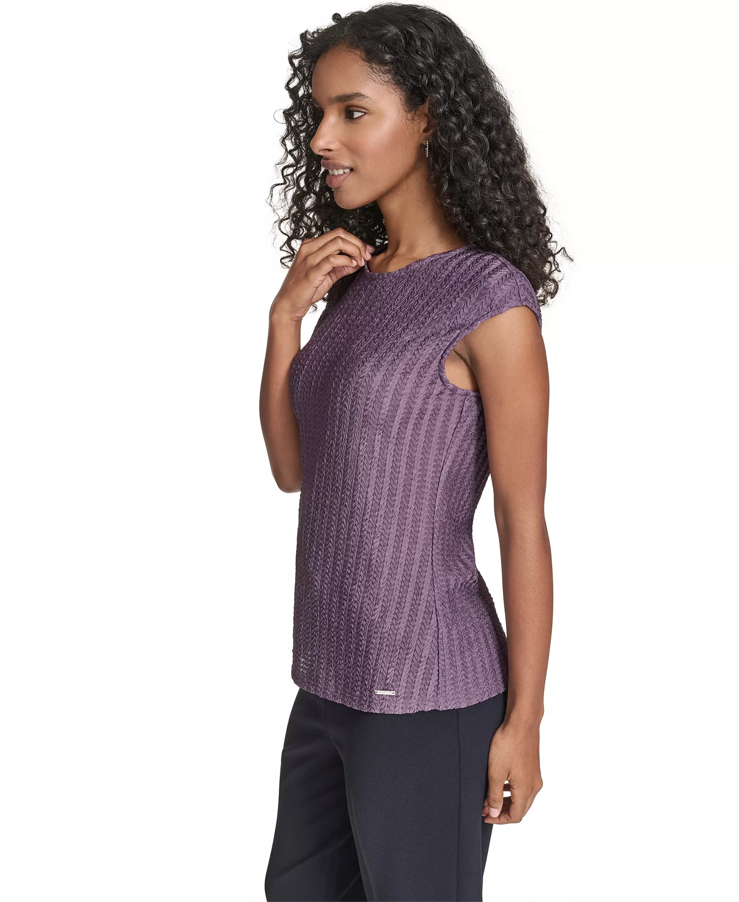 Petite Cap Sleeve Textured Knit Top - Winter Plum - P/XL