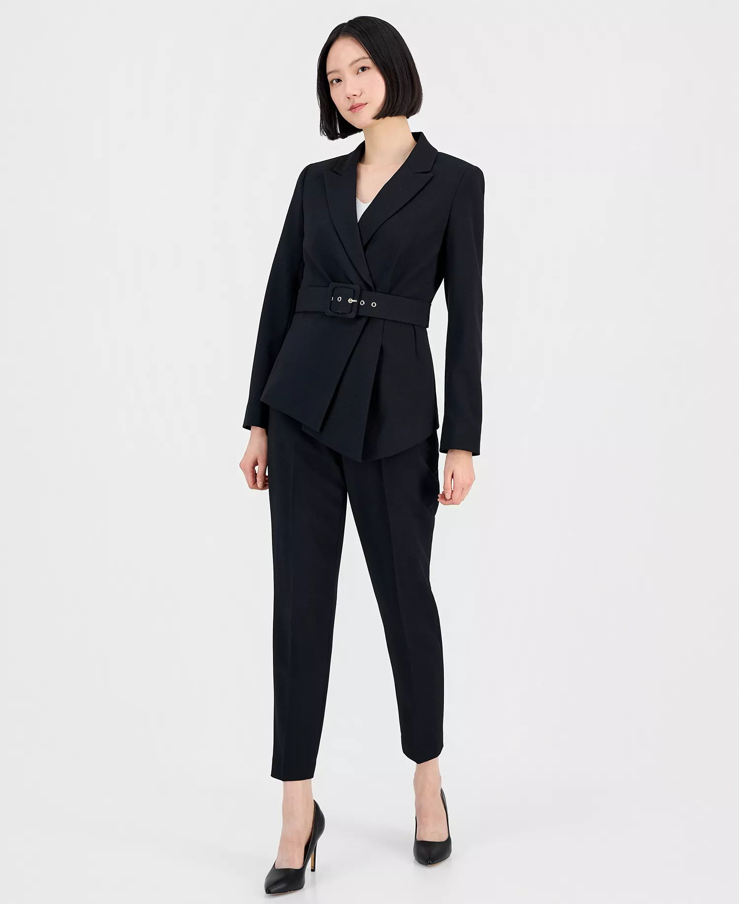 Women's Belted Asymmetrical Jacket & Slim-Fit Pantsuit Set - Black - 10