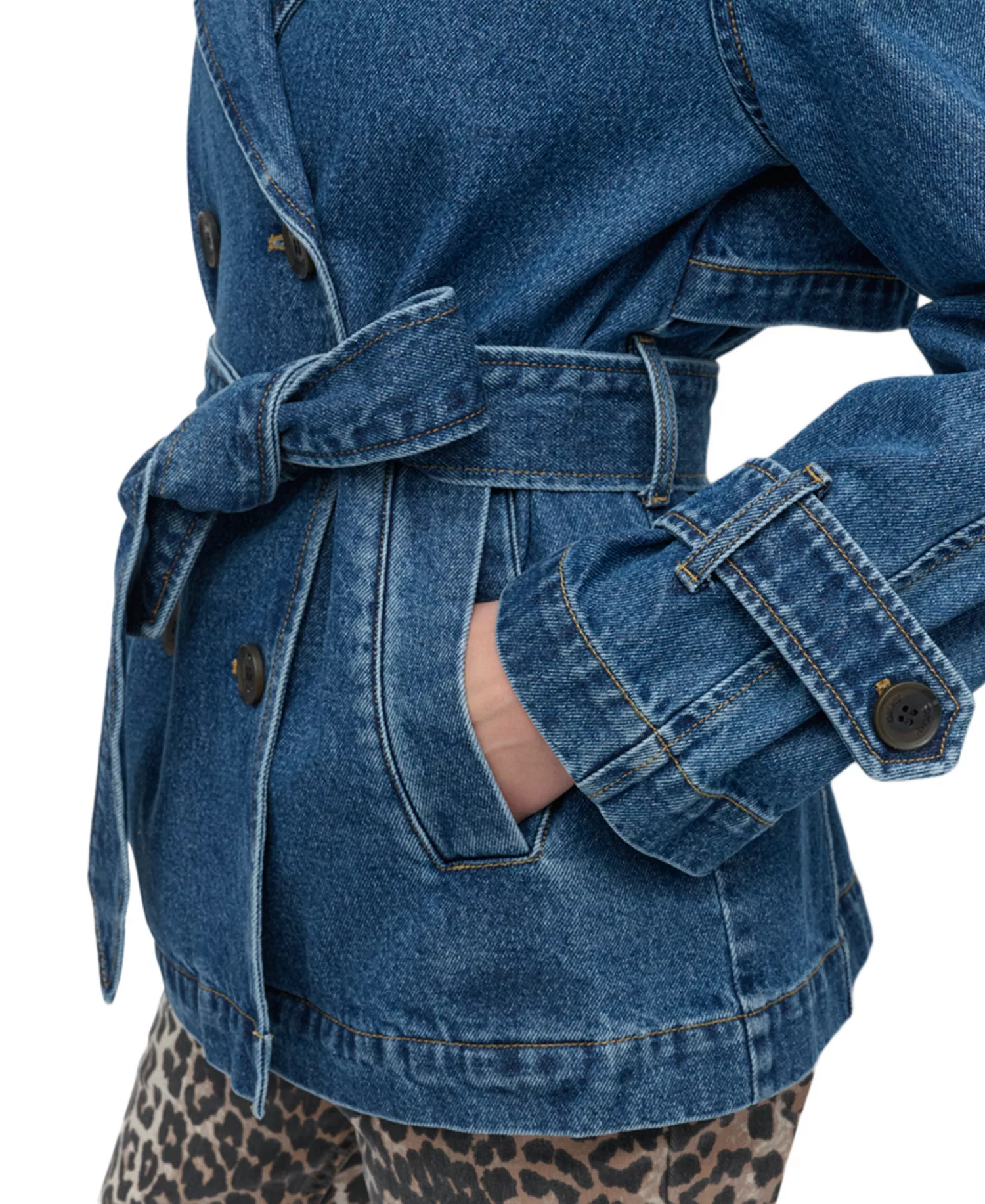 Women's Short Belted Double-Breasted Trench Coat - Washed Denim - L