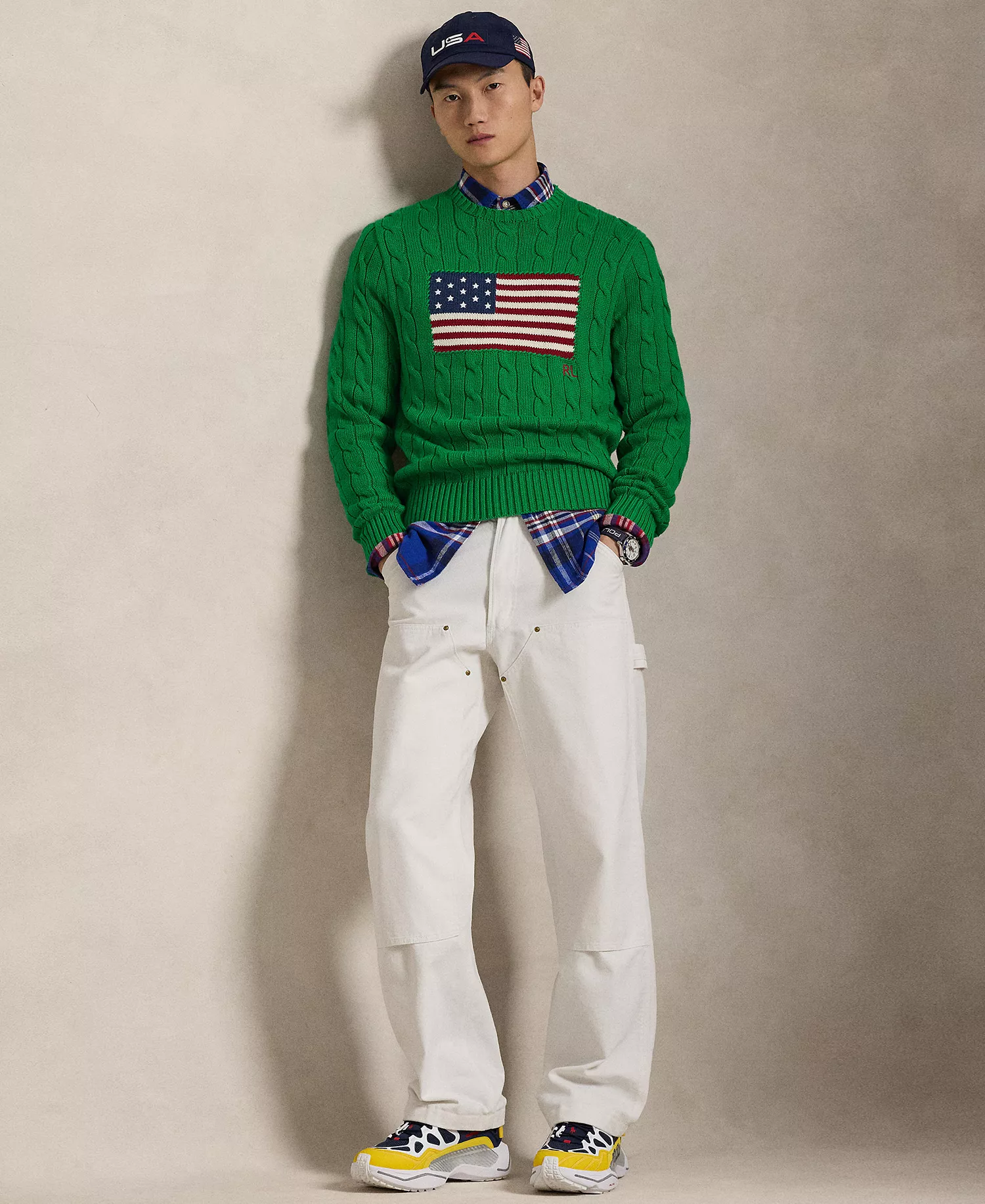 Men's  Cable-Knit Flag Sweater - Billard Green - L