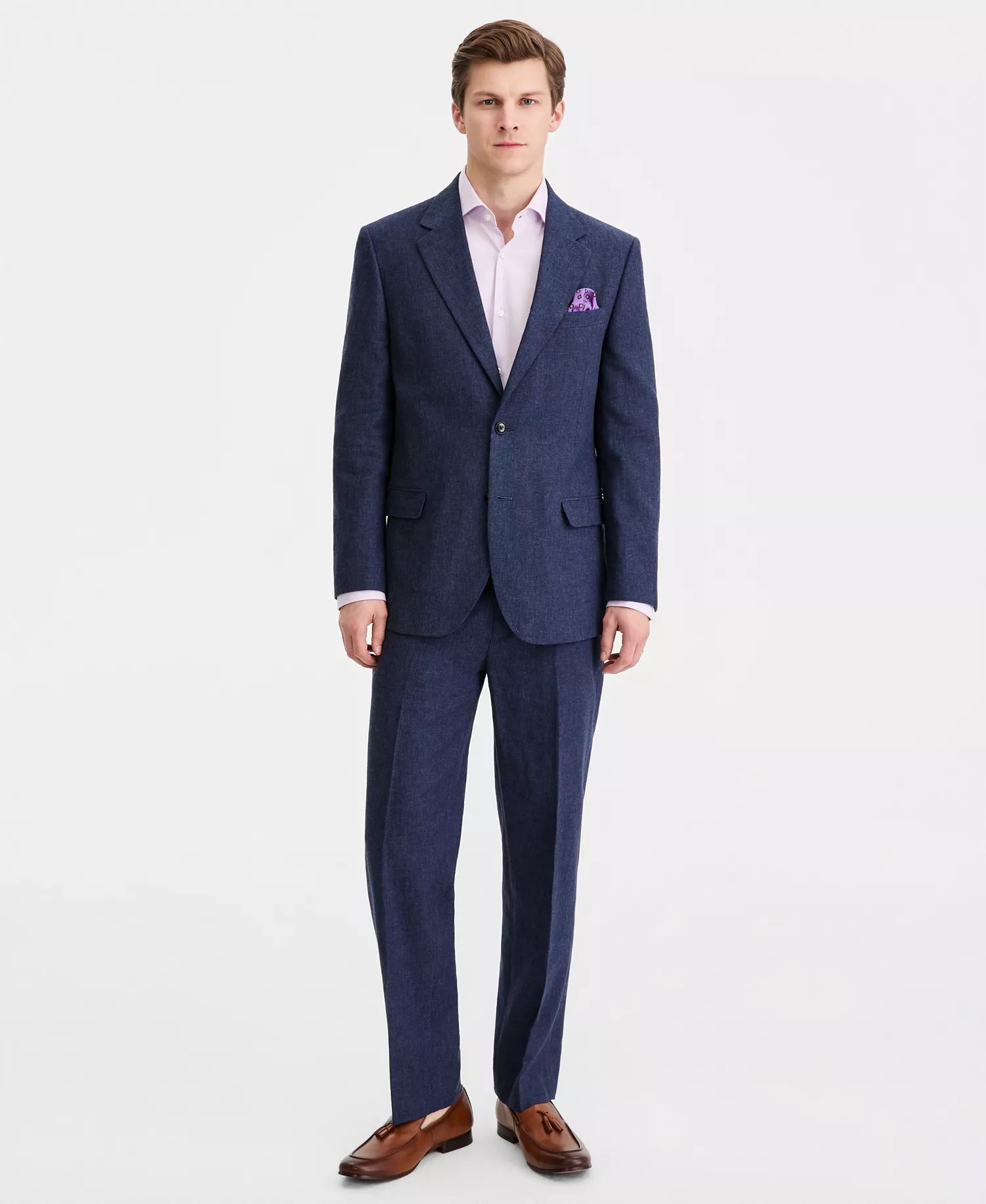 Men's Modern-Fit Cotton & Linen Nested Suit  - Blue Solid - 36R