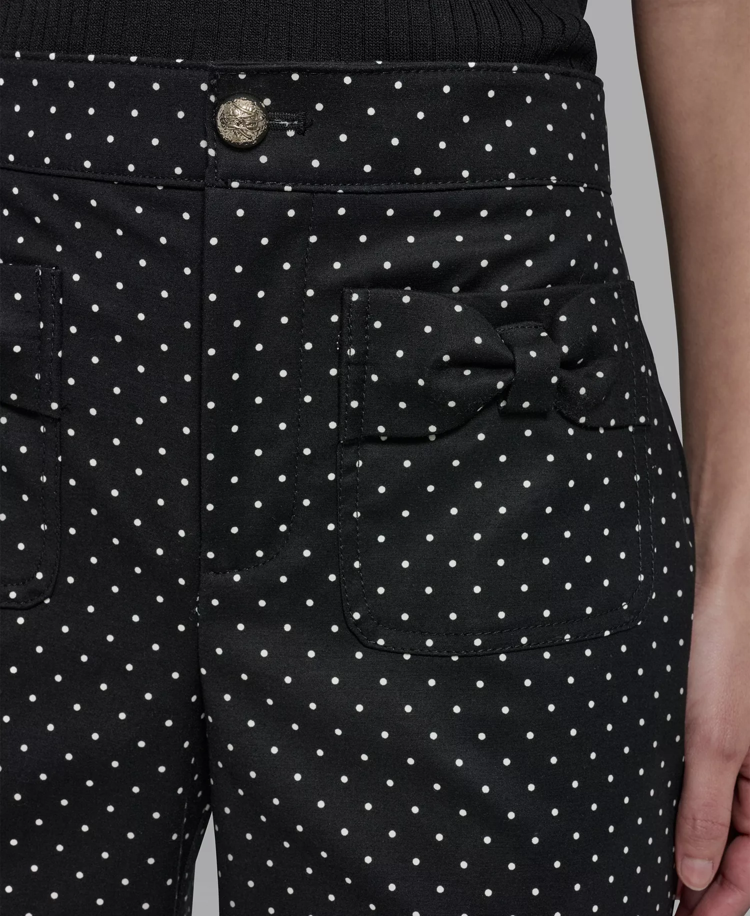 Women's Mid-Rise Straight Polka Dot Bow-Pocket Pants - Black/Bisque Combo - 0