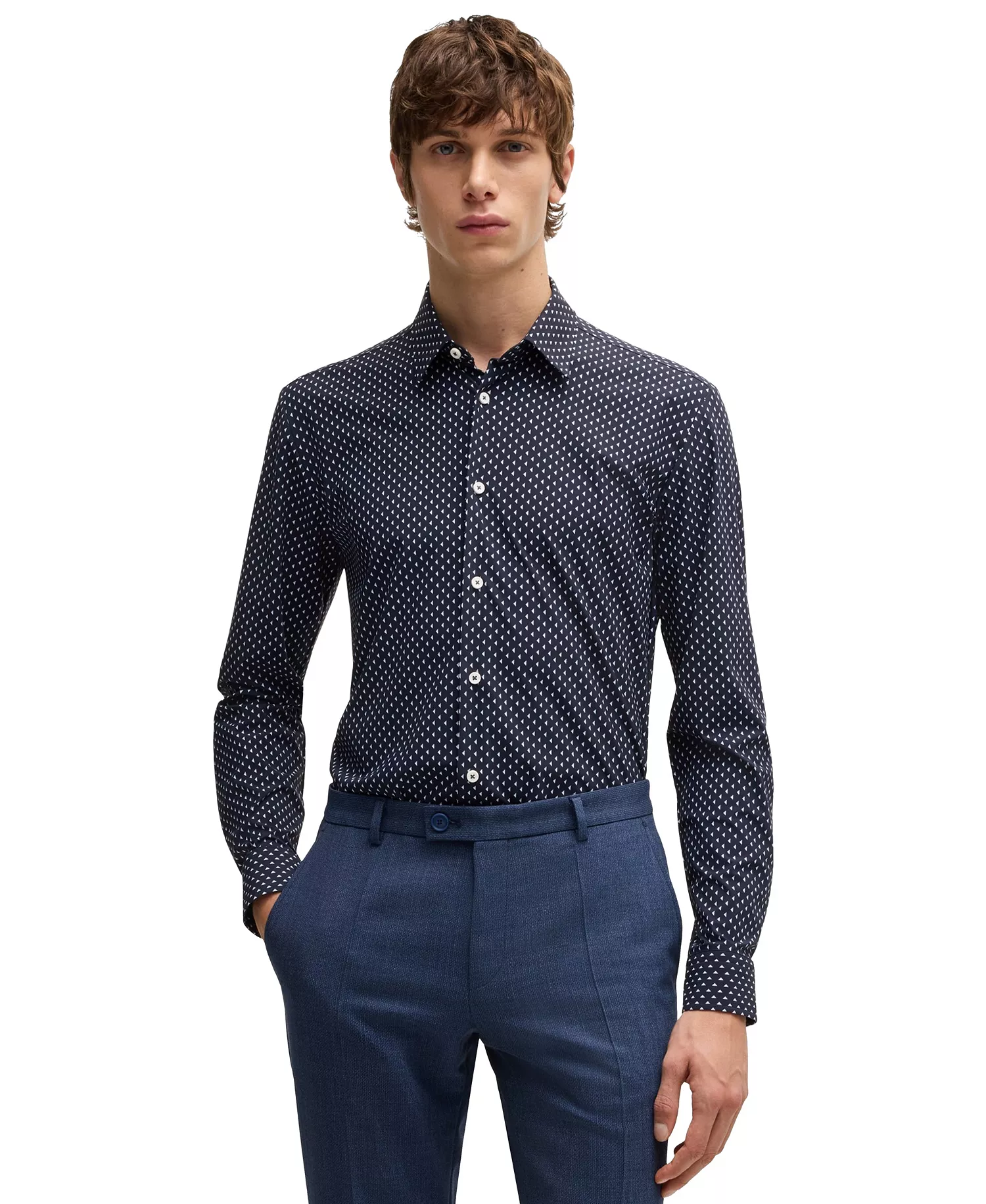 Men's Slim-Fit Geometric Print Shirt - Navy - L