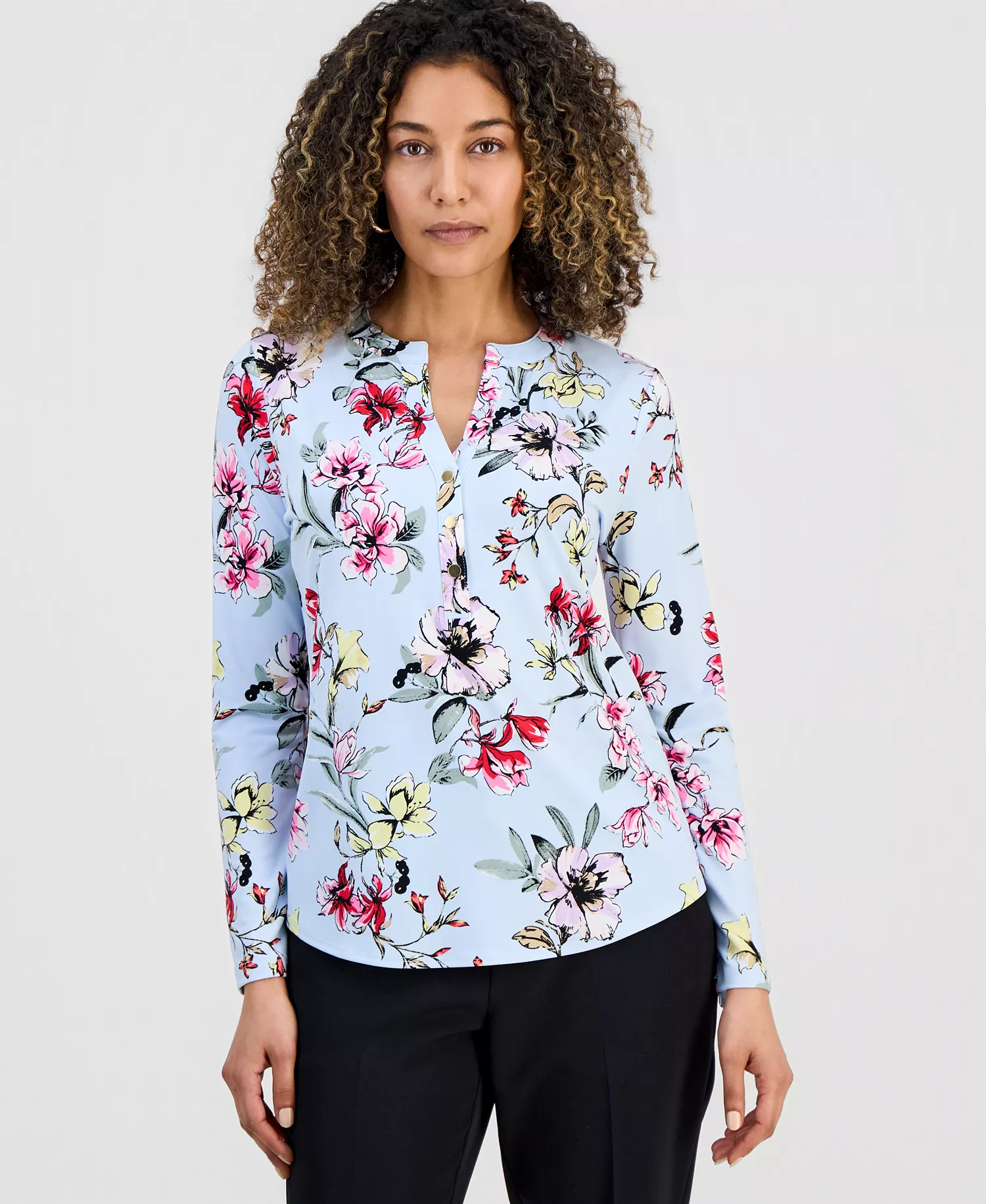 Petite Floral-Print Henley Top, Macy's Exclusive - Dara Bloom - P/L