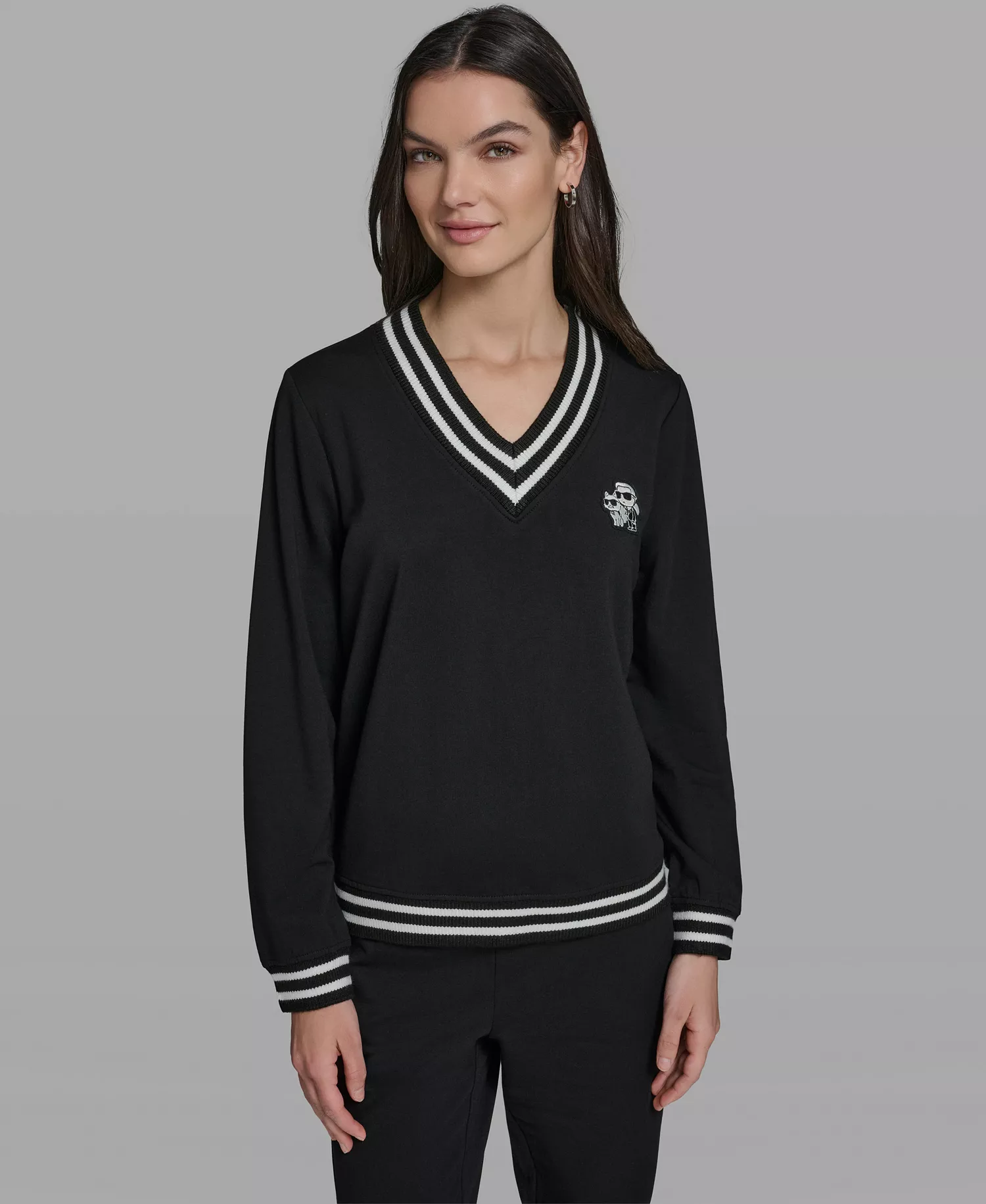 Women's Karl and Choupette V-Neck Knit Top - Black - L