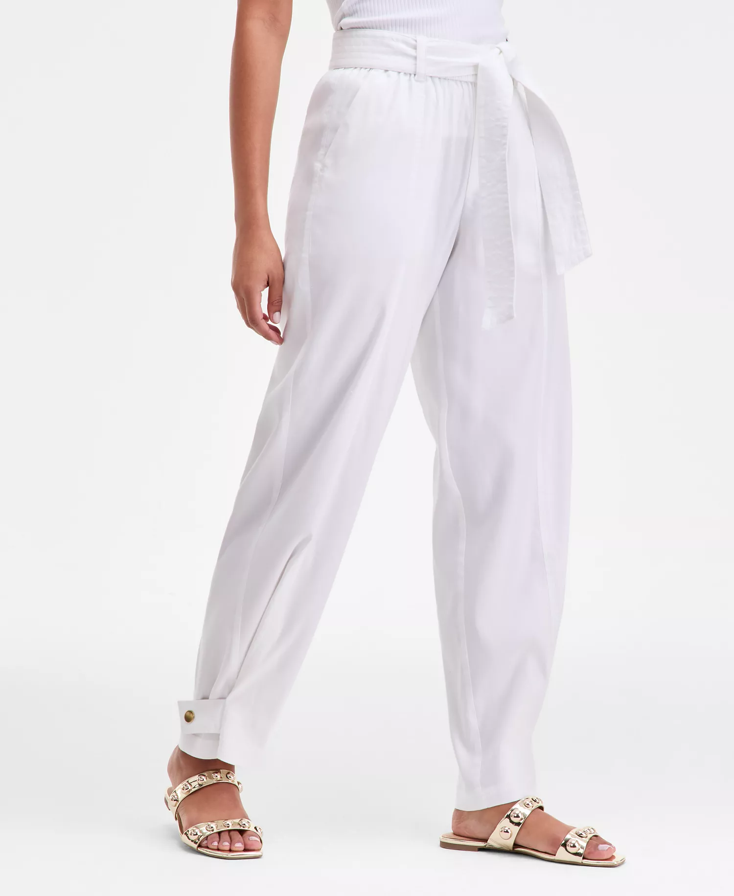 Women's Tie-Waist Linen Blend Pants, Macy's Exclusive - Bright White - L