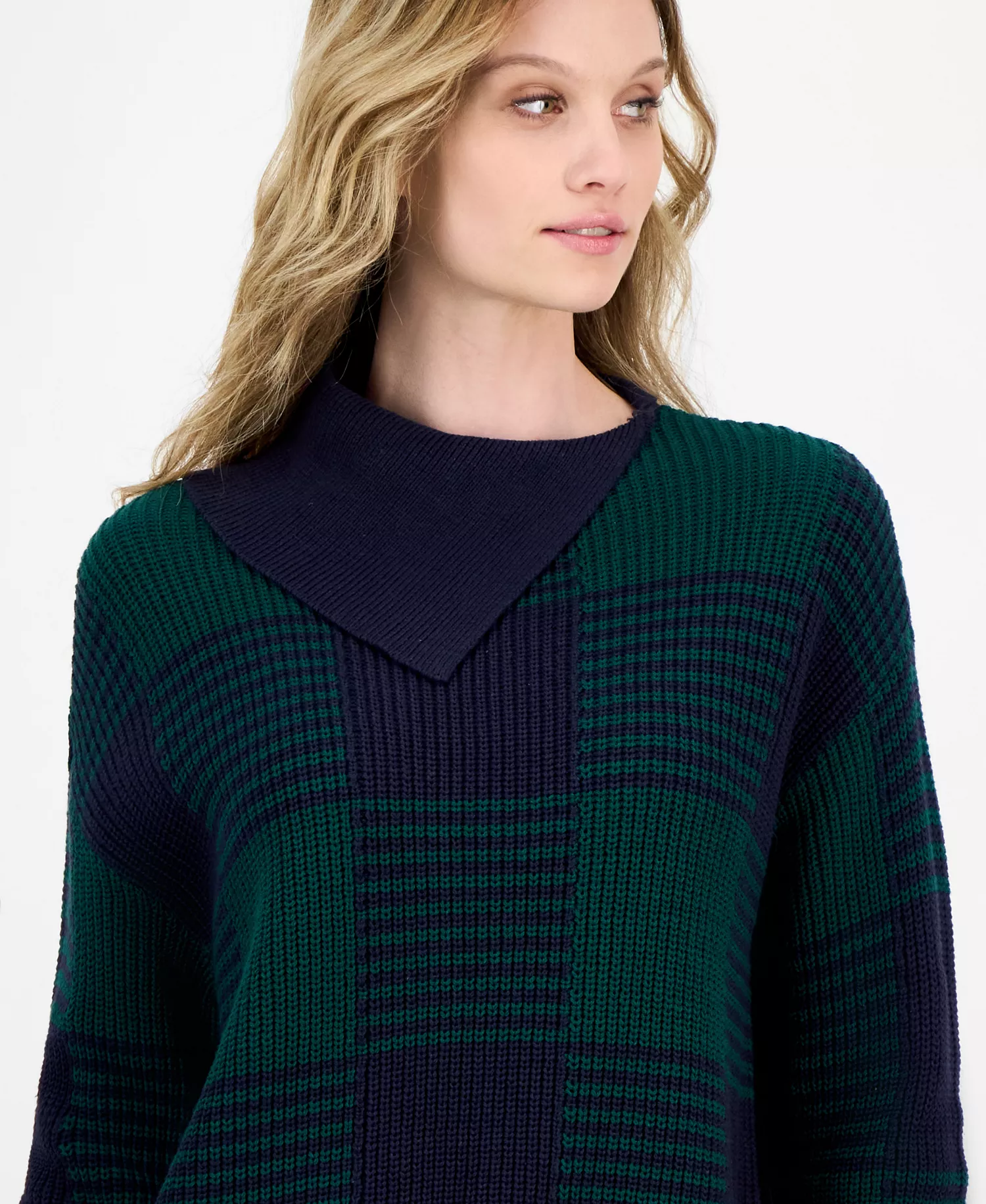 Nautica Women's Buffalo Plaid Asymmetrical-Neckline Sweater - Night Sky/ Forest - L