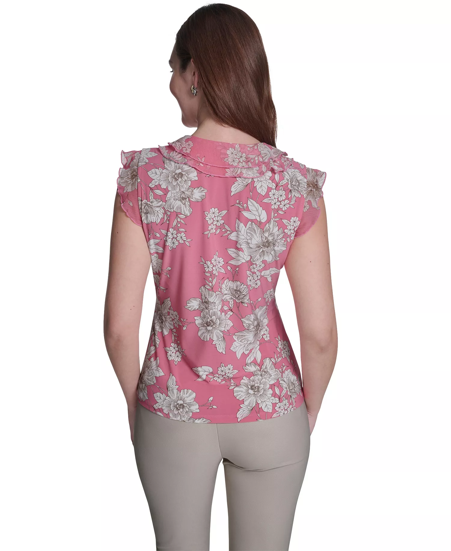 Women's Floral Mixed Media V-Neck Top - Pink Tulip Multi - L
