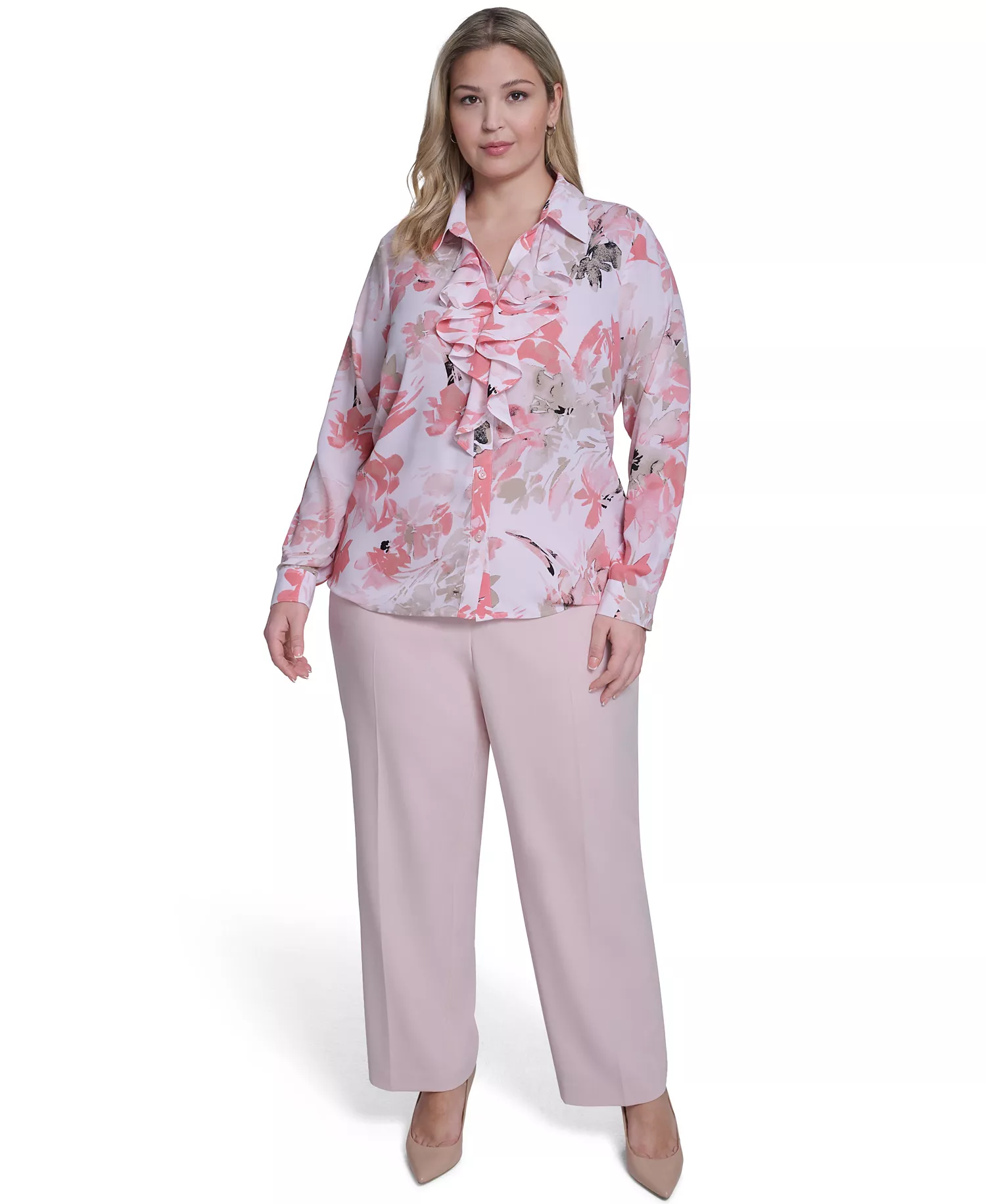 Plus Size Printed Long-Sleeve Ruffle-Front Top - Petal/Latte Multi - 1X