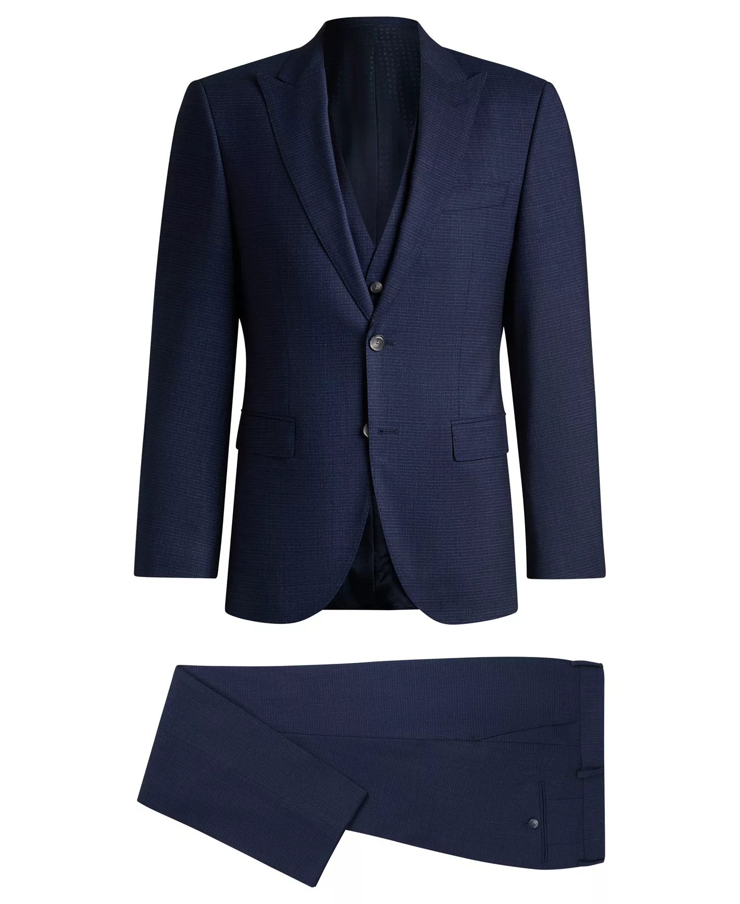 Men's Stretch Wool Regular-Fit Three-Piece Suit - Dark Blue - 38R