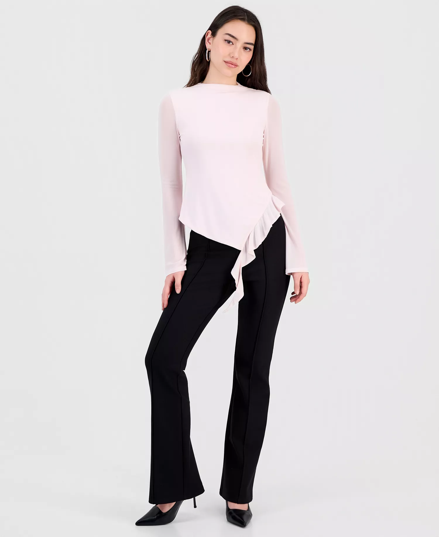 Women's Mock-Neck Asymmetrical Ruffled-Hem Top, Macy's Exclusive - Baby Pink - L