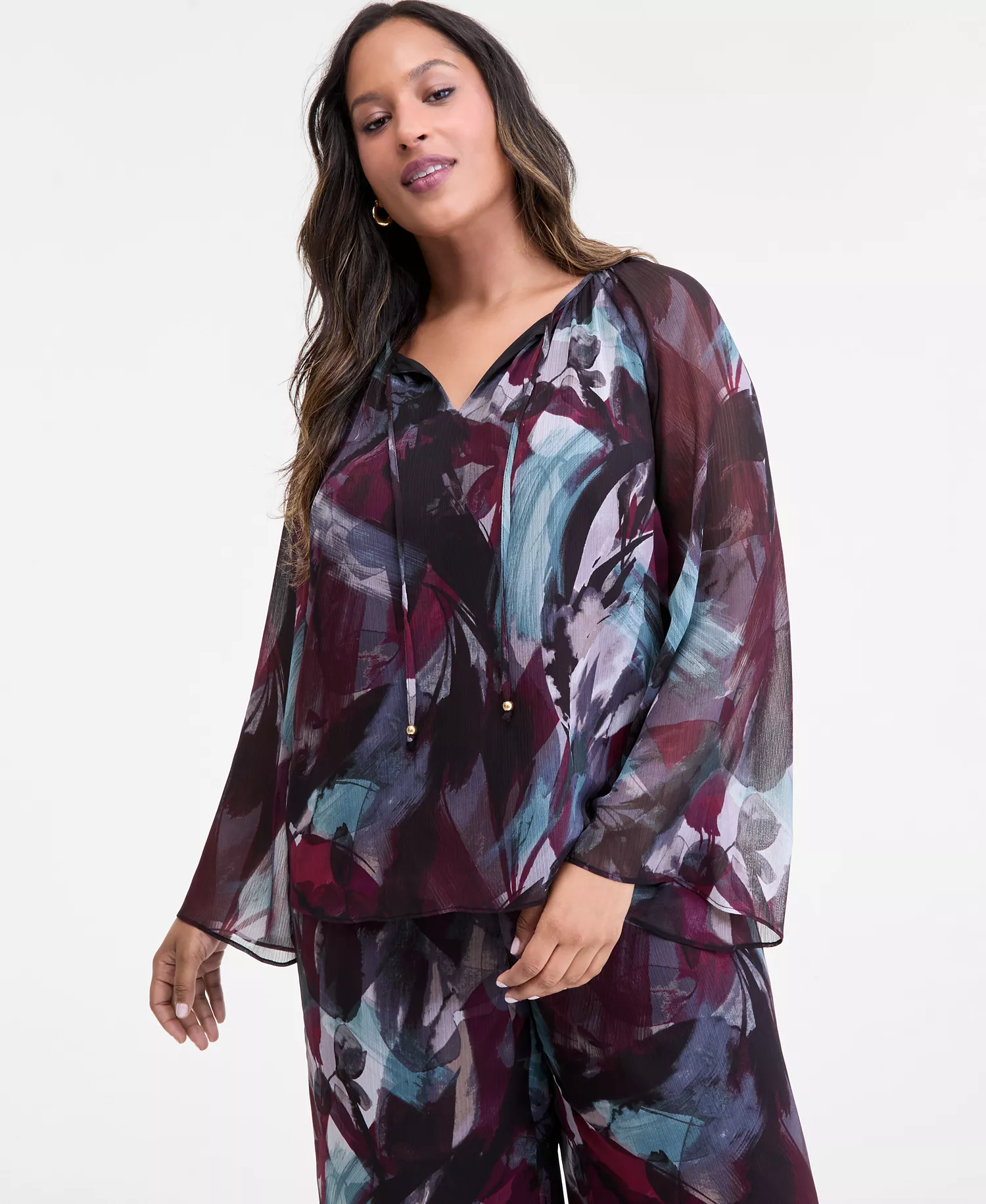 Plus Size Printed Tie-Front Blouse, Macy's Exclusive - Remi Blooms - 0X