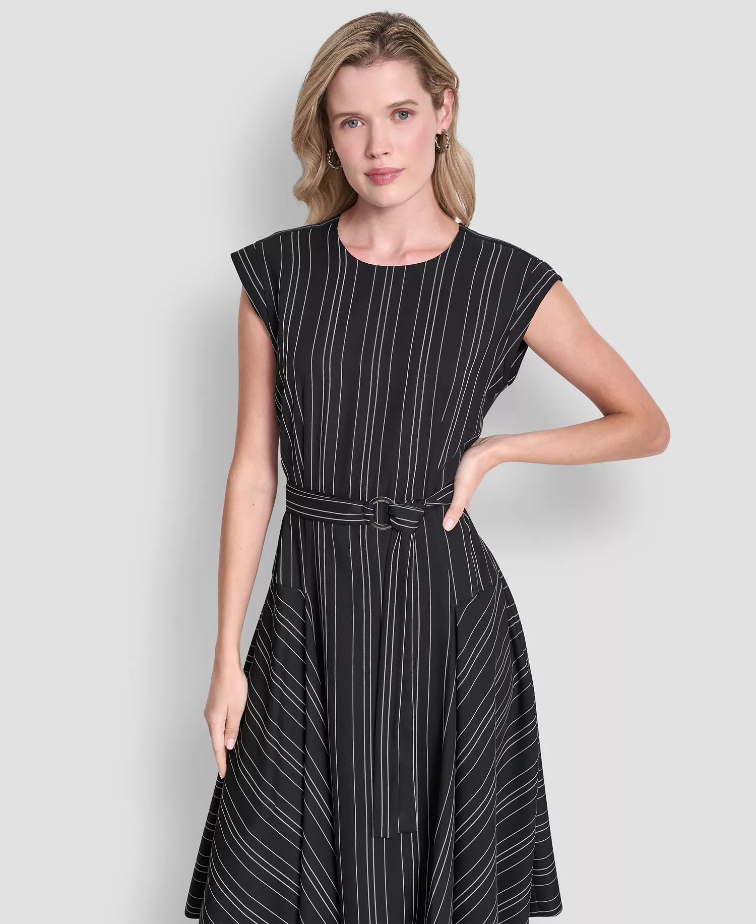 Women's Cap-Sleeve Asymmetric Hem Midi Dress - Black/Ivory - 10