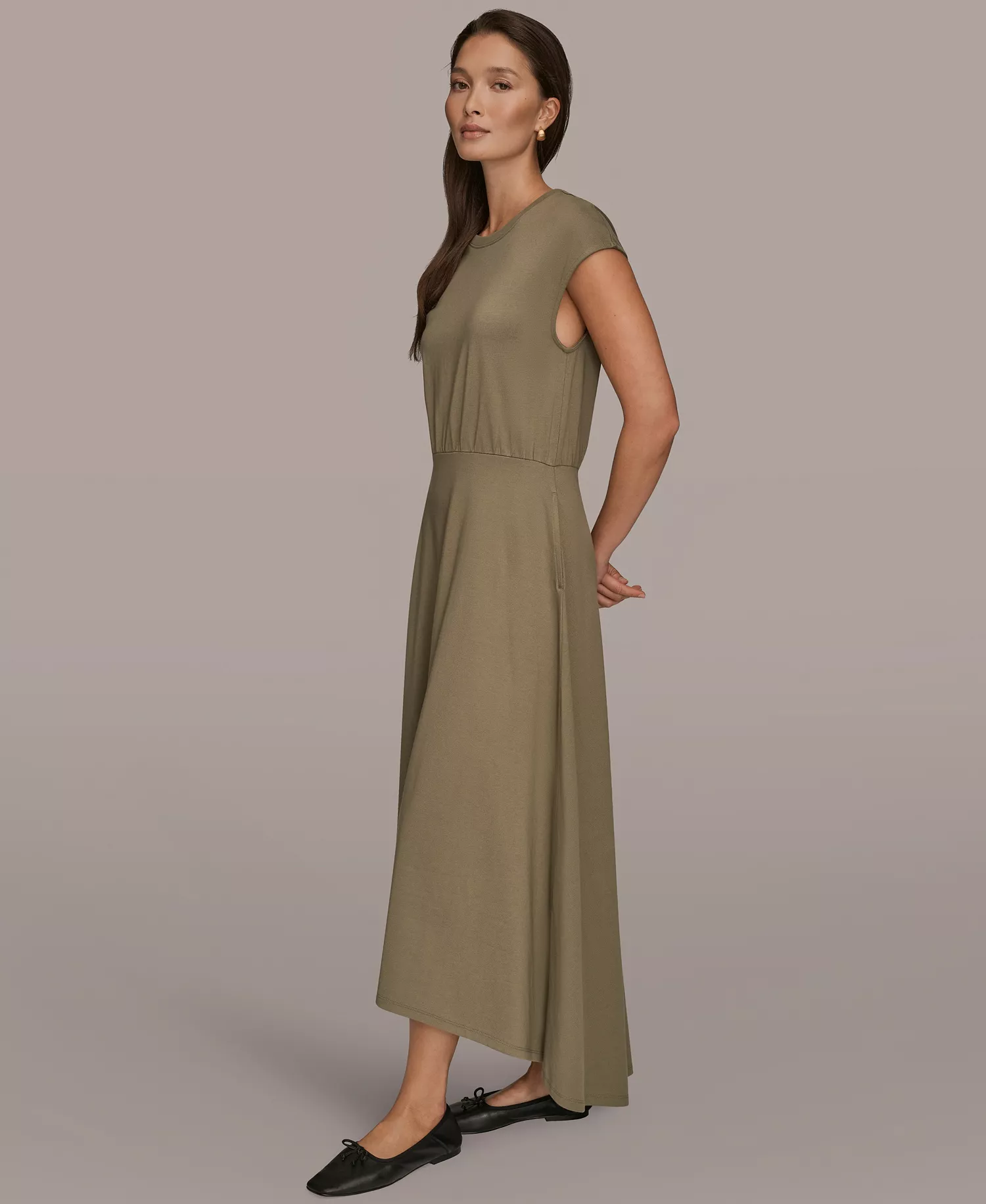 Women's Cotton Jersey Hi Lo Cap Sleeve Crew Neck Dress - Khaki Green - L