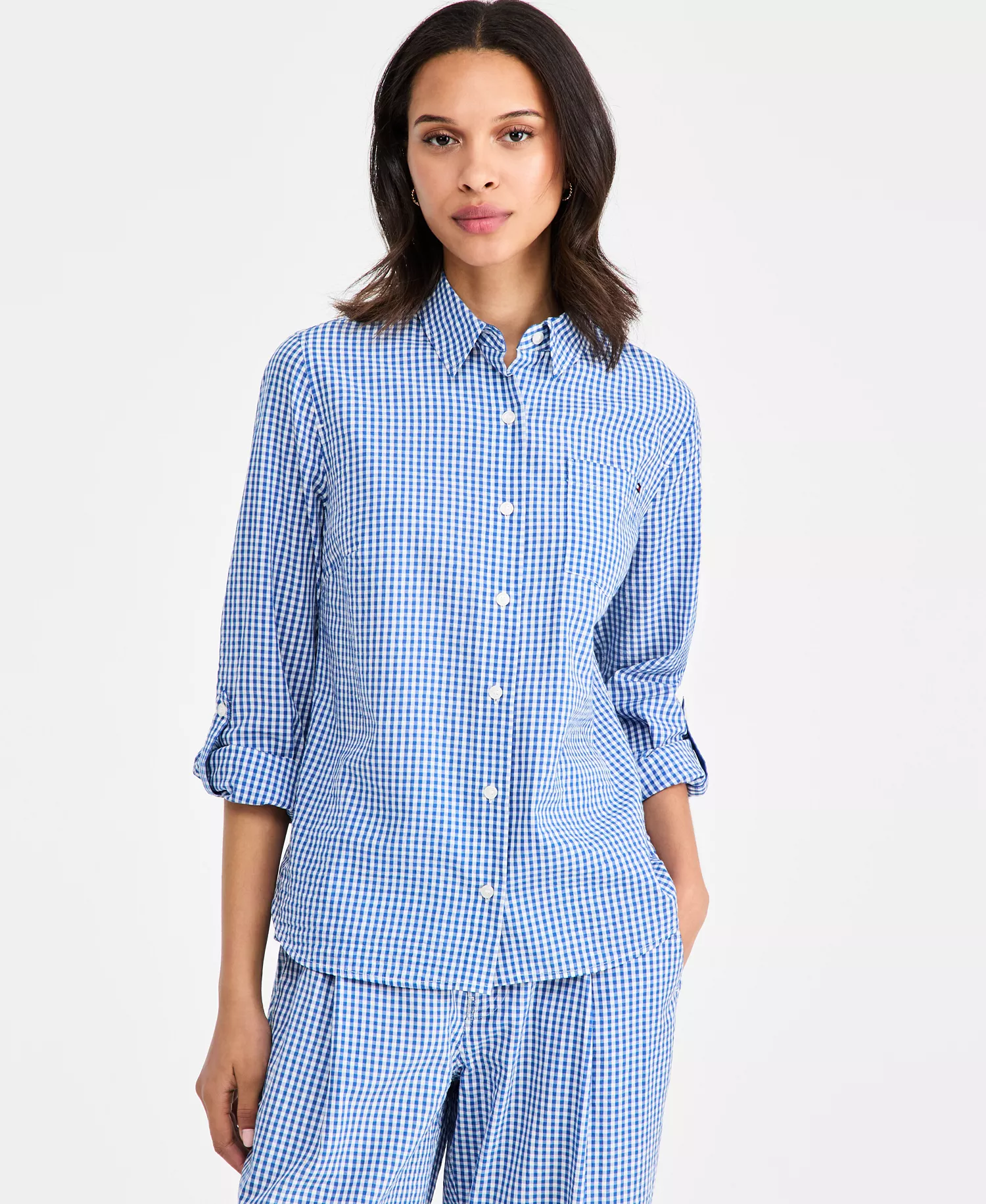 Women's Gingham Print Roll-Tab Shirt - Blue Orbit / Ecru Gingham - L