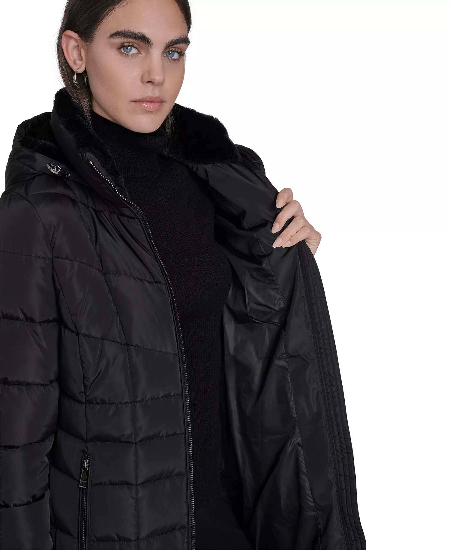 Women's Hooded Stand Collar Puffer Coat - Black - L