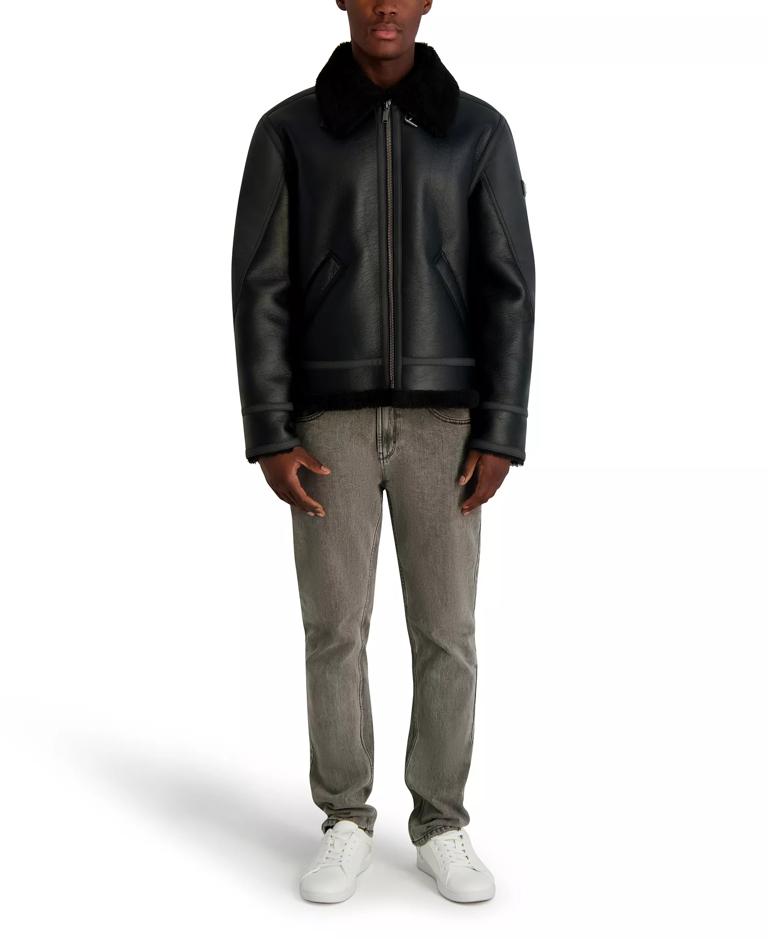 Men's Faux Leather Sherpa Lined Collared Jacket - Black - 2XL