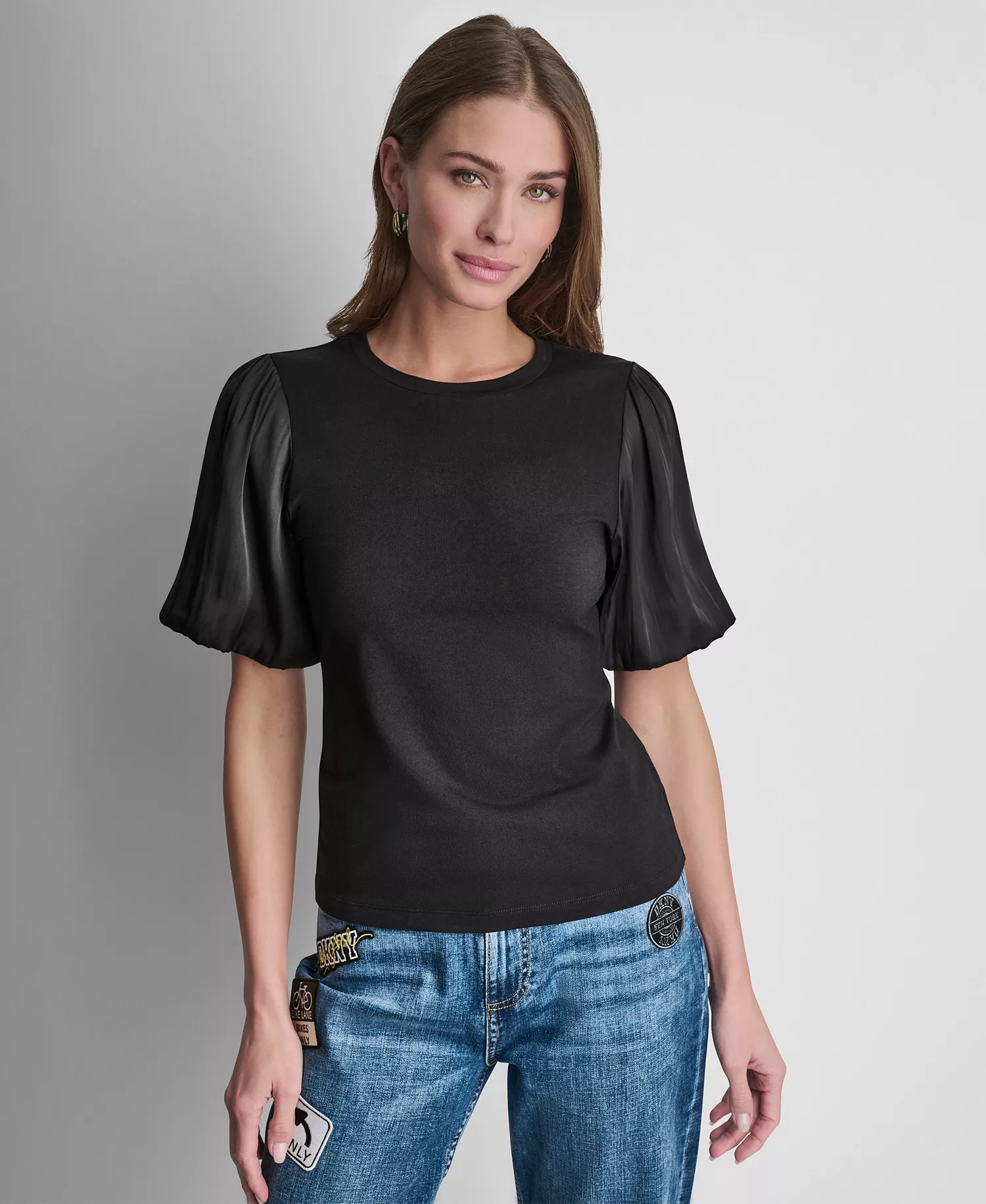 Women's Puffed Crew Neck Mix Media Knit Top - Black - L