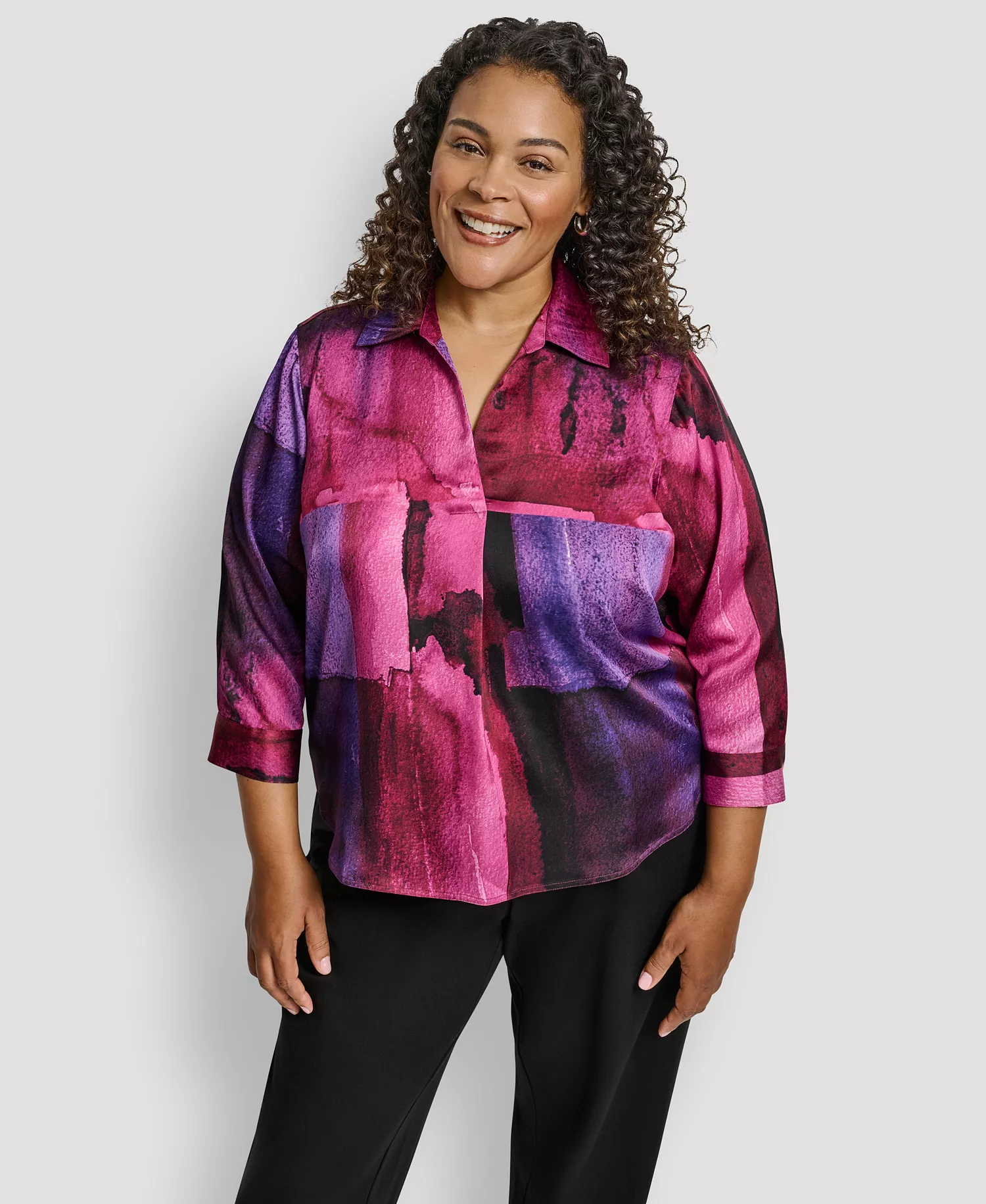 Plus Size Collared Neck Top - Fuchsia/Dark Violet Multi - 1X