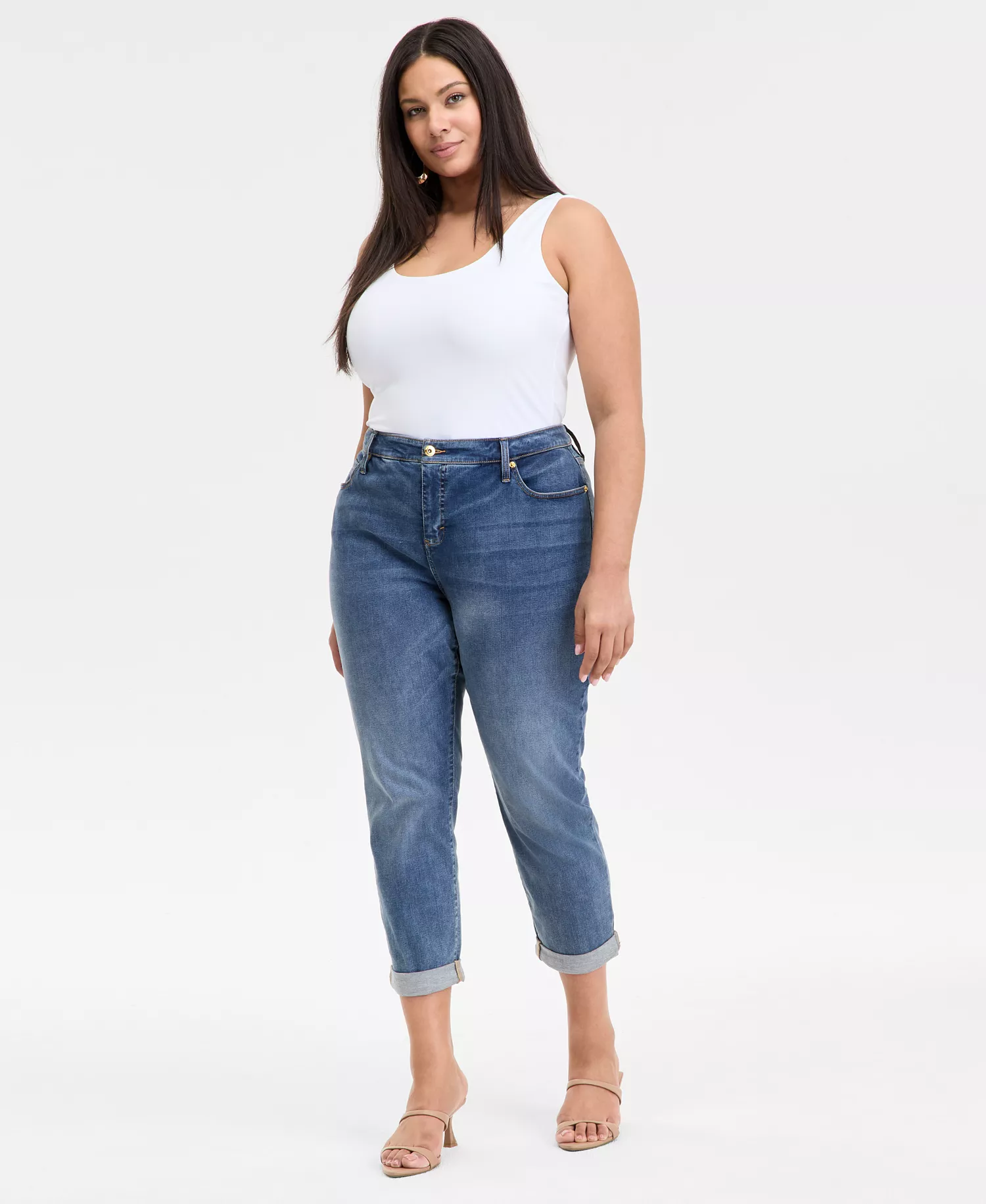 Plus Size Slim Tech Rolled-Cuff Boyfriend Jeans, Created for Macy's - Medium Indigo - 14W