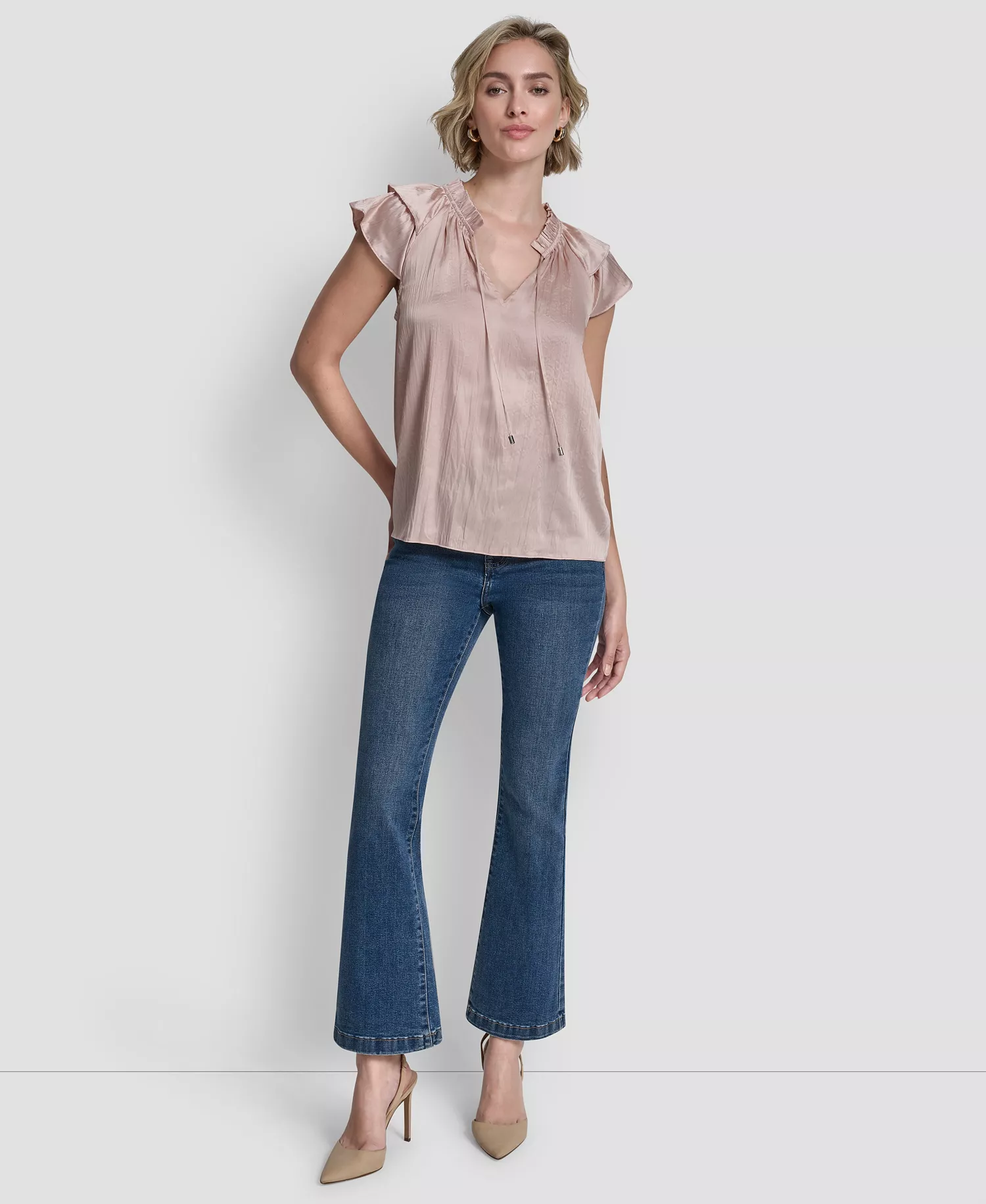 Women's Short-Sleeve Pleated Tie Front Blouse - Cameo - L