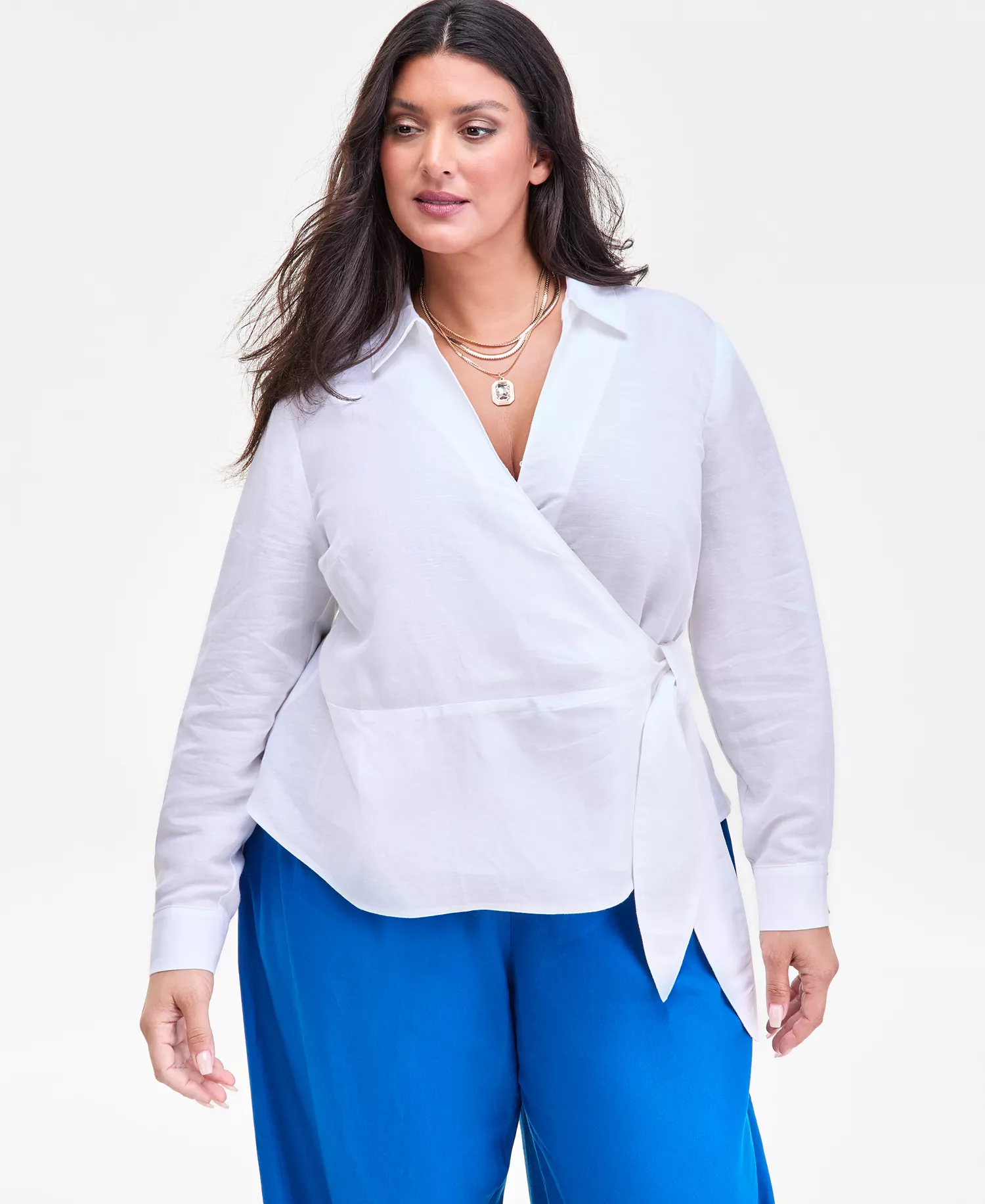 Plus Size Linen-Blend Tied Surplice Top, Exclusively at Macy's - Bright White - 0X