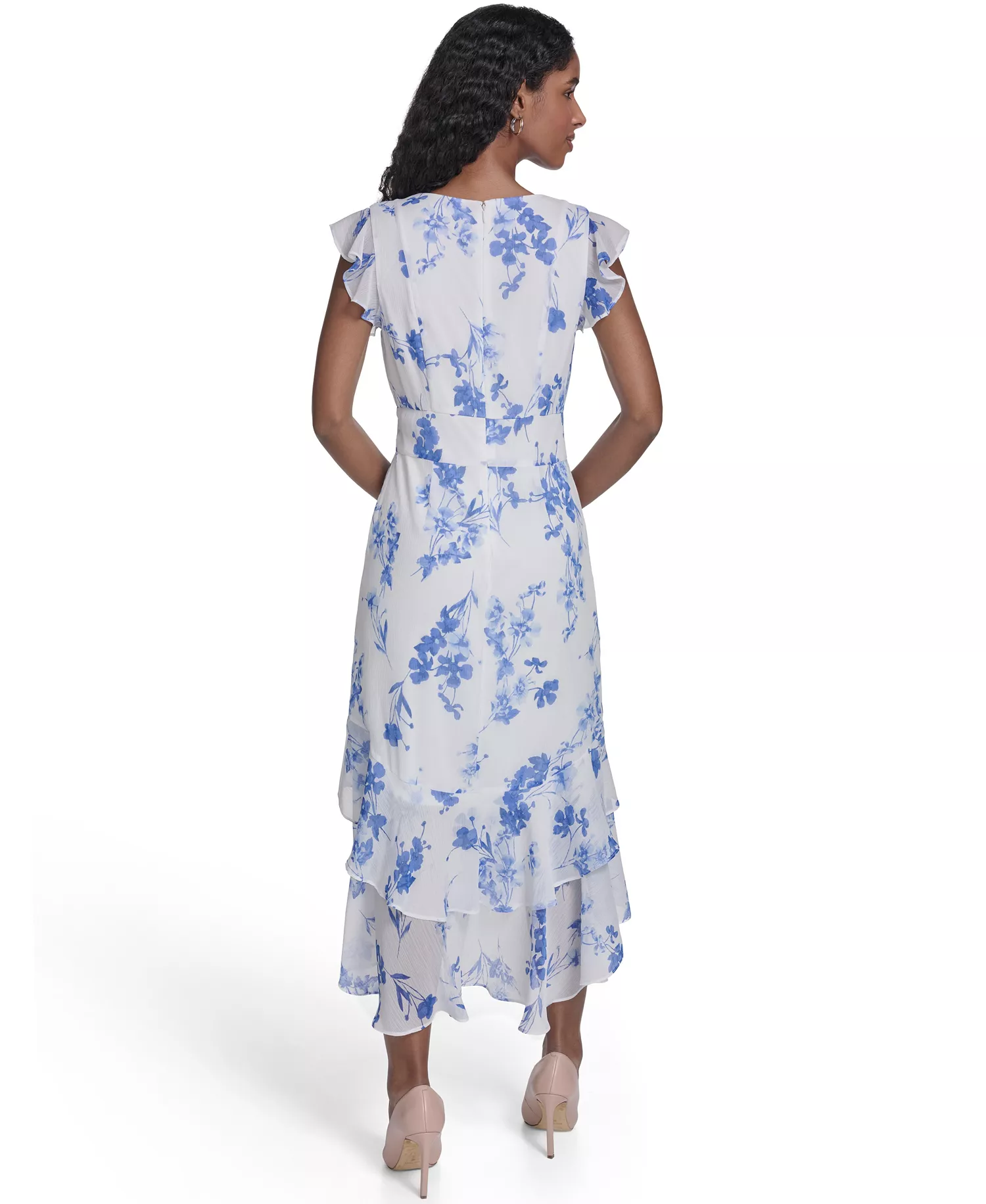 Women's Flutter-Sleeve V-Neck Midi Dress - Ivory/french blue - 10