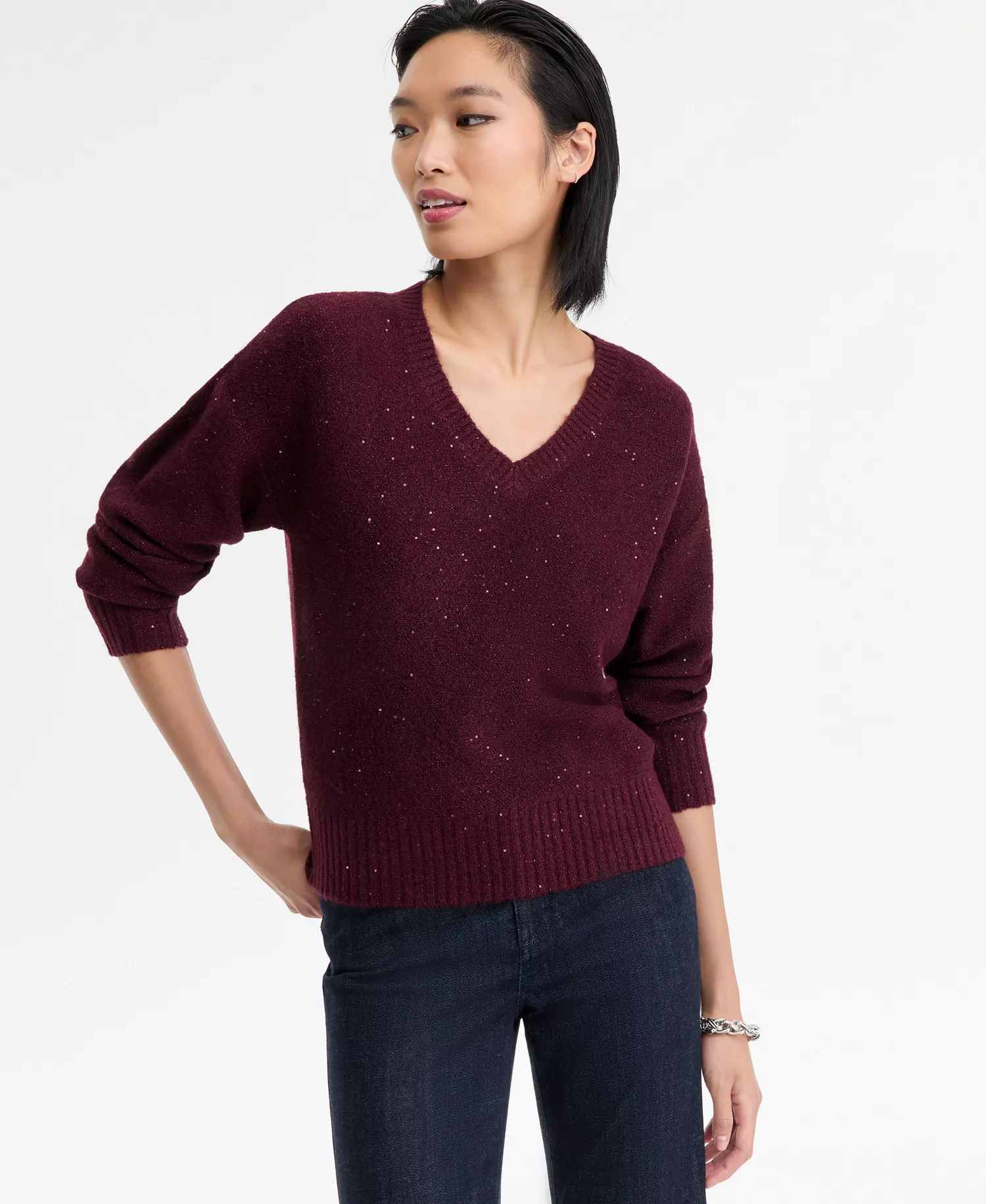 Women's Roving Sequin V-Neck Sweater, Macy's Exclusive - Berried Treasre - M