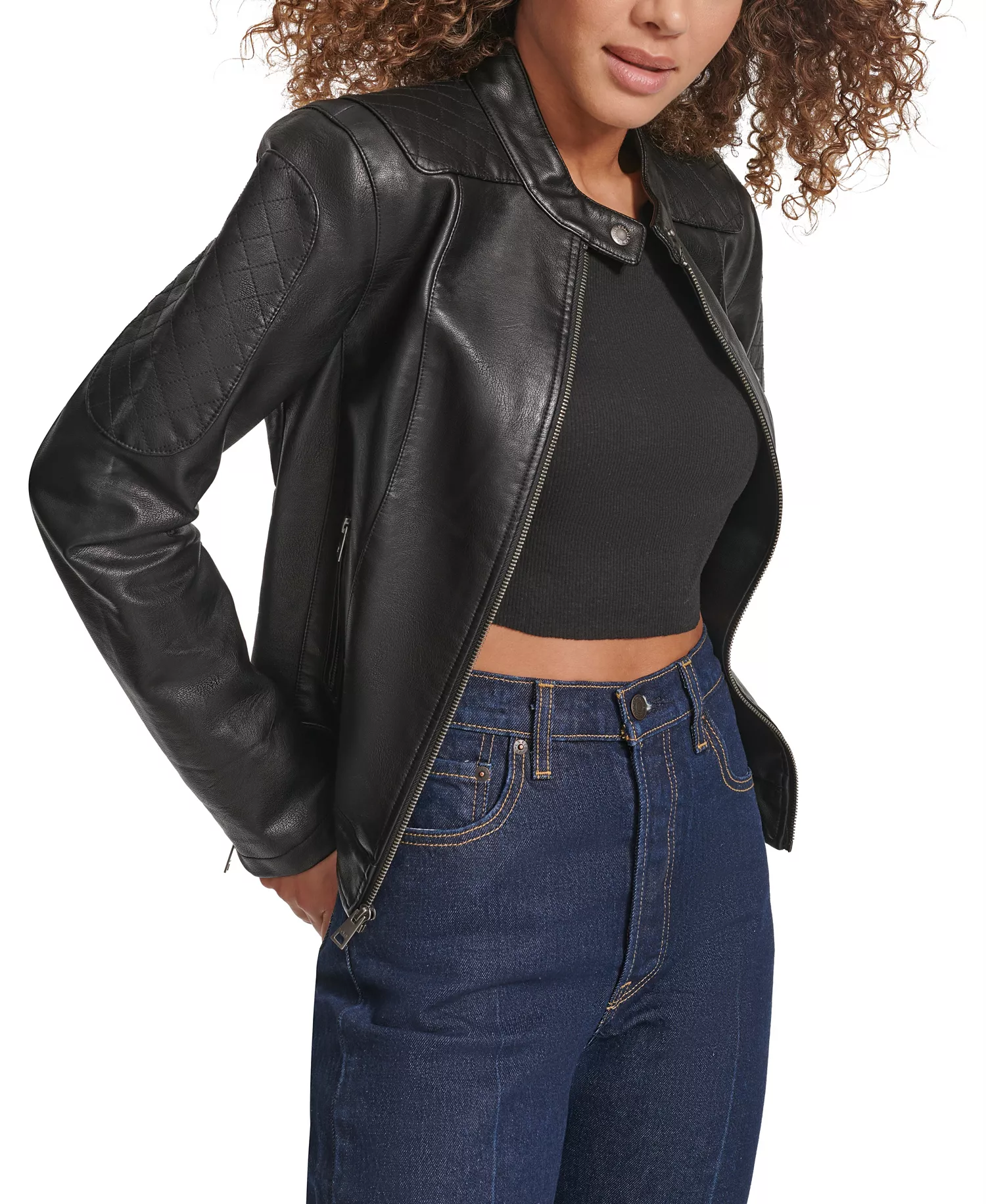 Women's Faux Leather Biker Jacket - Black - L