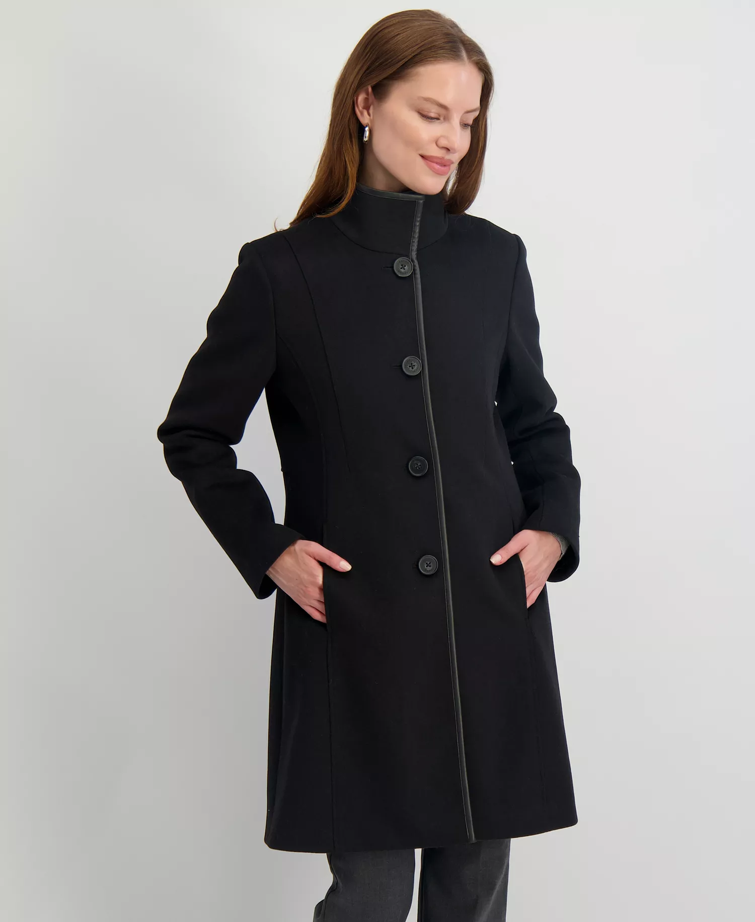 Women's Stand-Collar Button-Front Coat - Black - L