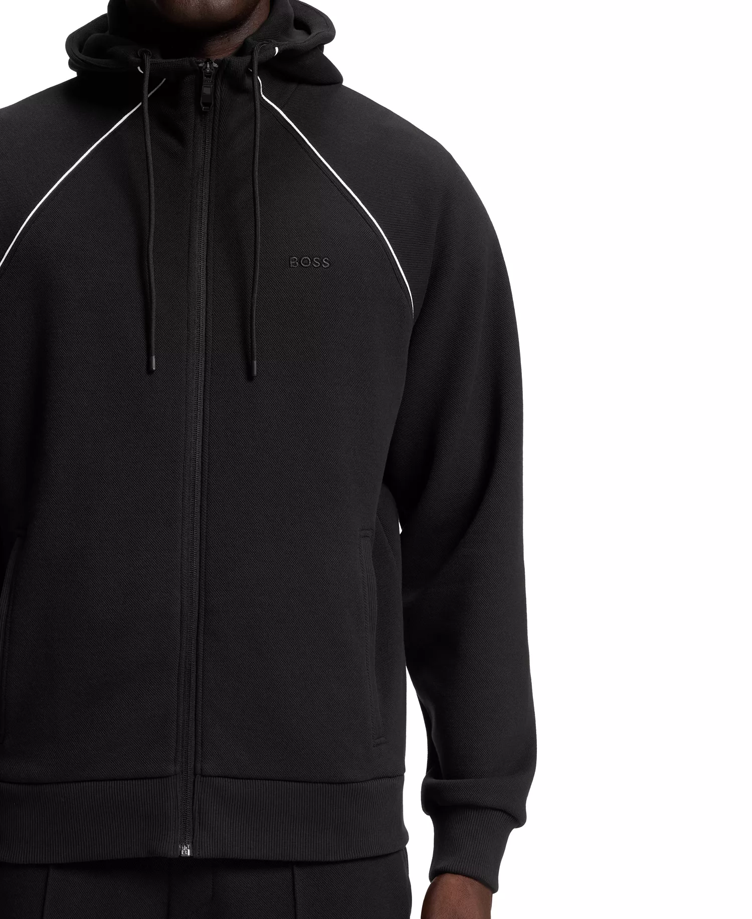 Men's Piping Details Cotton-Blend Zip-Up Hoodie - Black - L