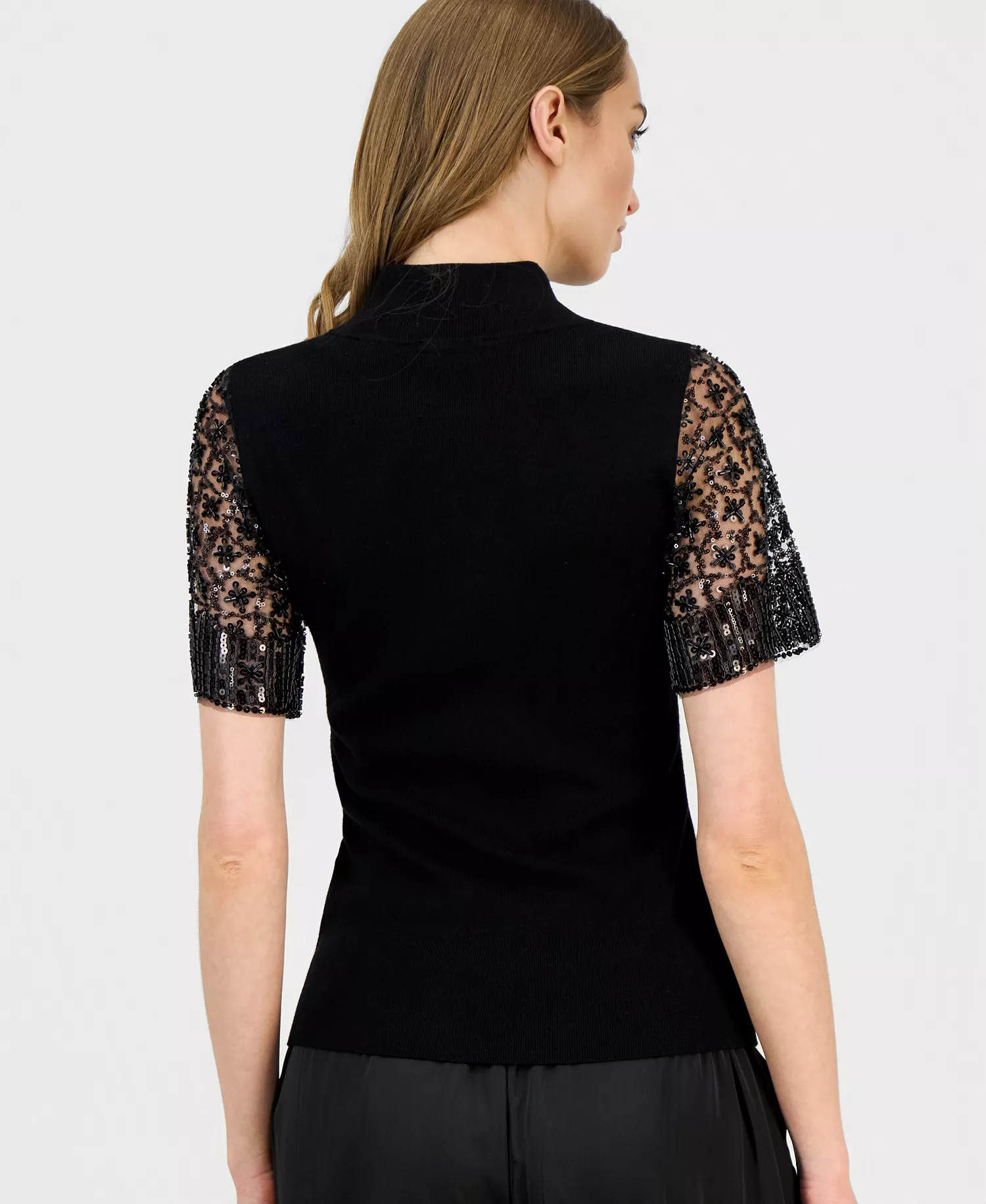 Women's Beaded-Sleeve Mock Neck Sweater - Black - L