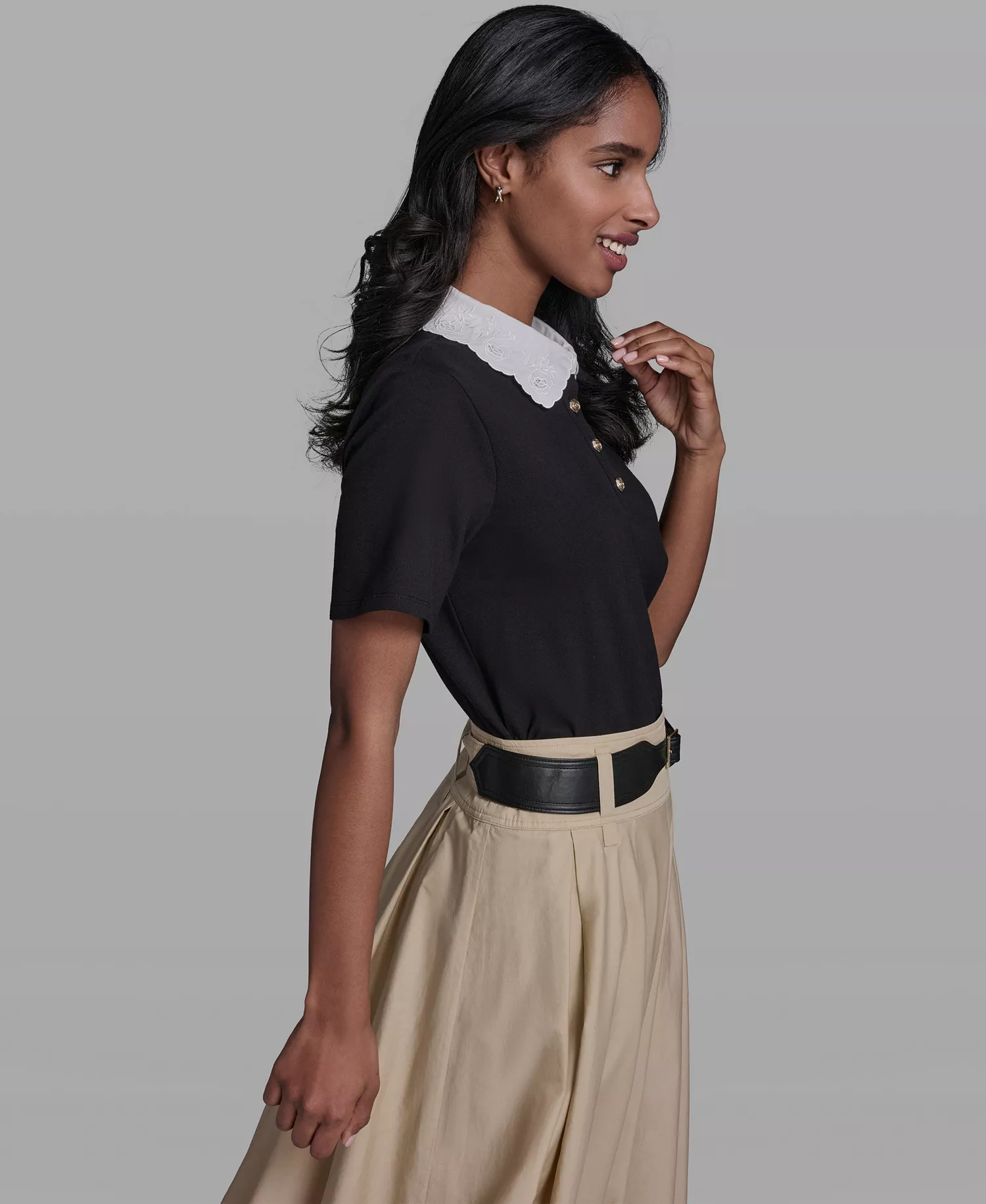 Women's Collared Short-Sleeve Blouse Top - Black - L