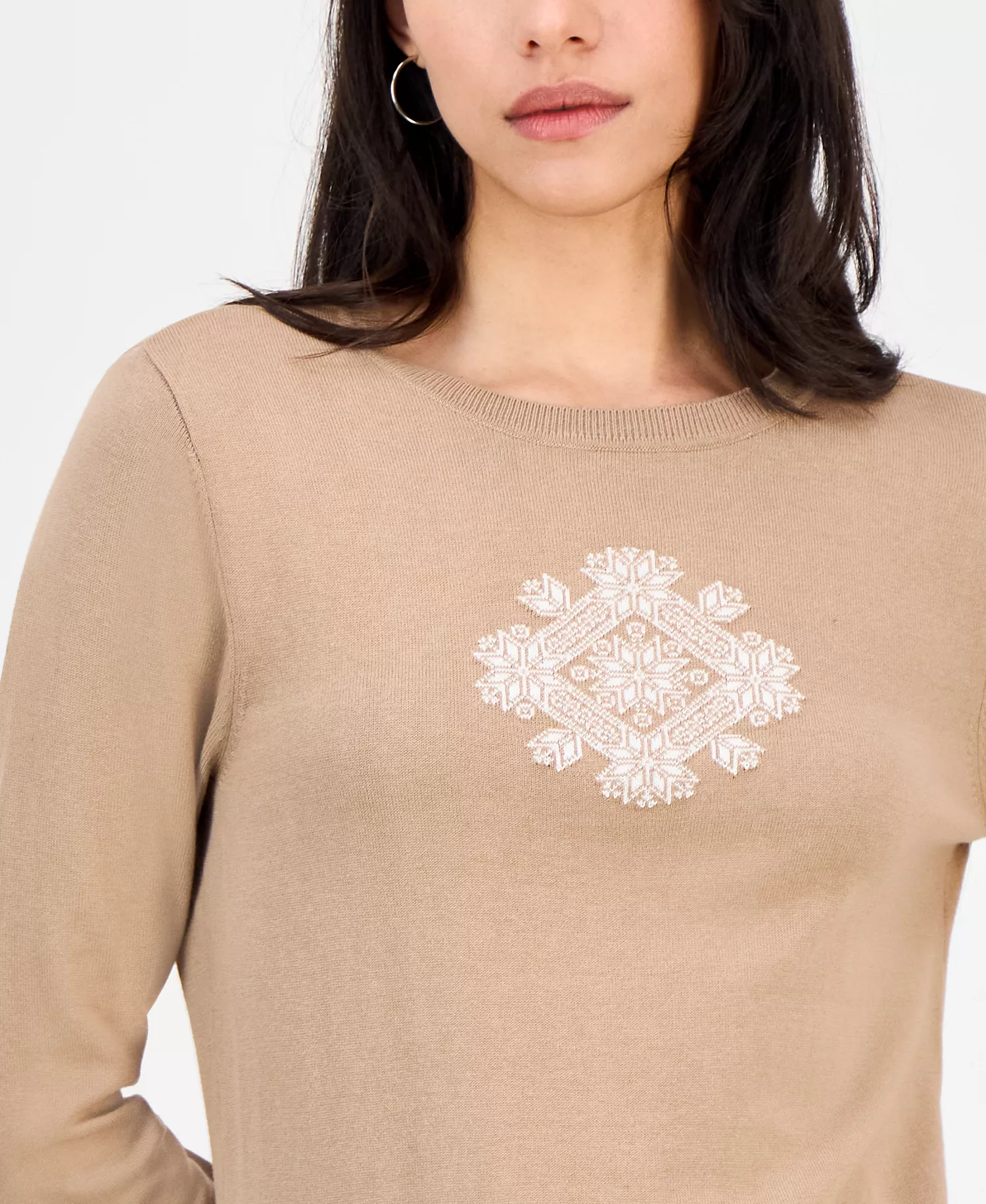 Nautica Women's Cotton Snowflake Sweater - Camel/ Ivory - L