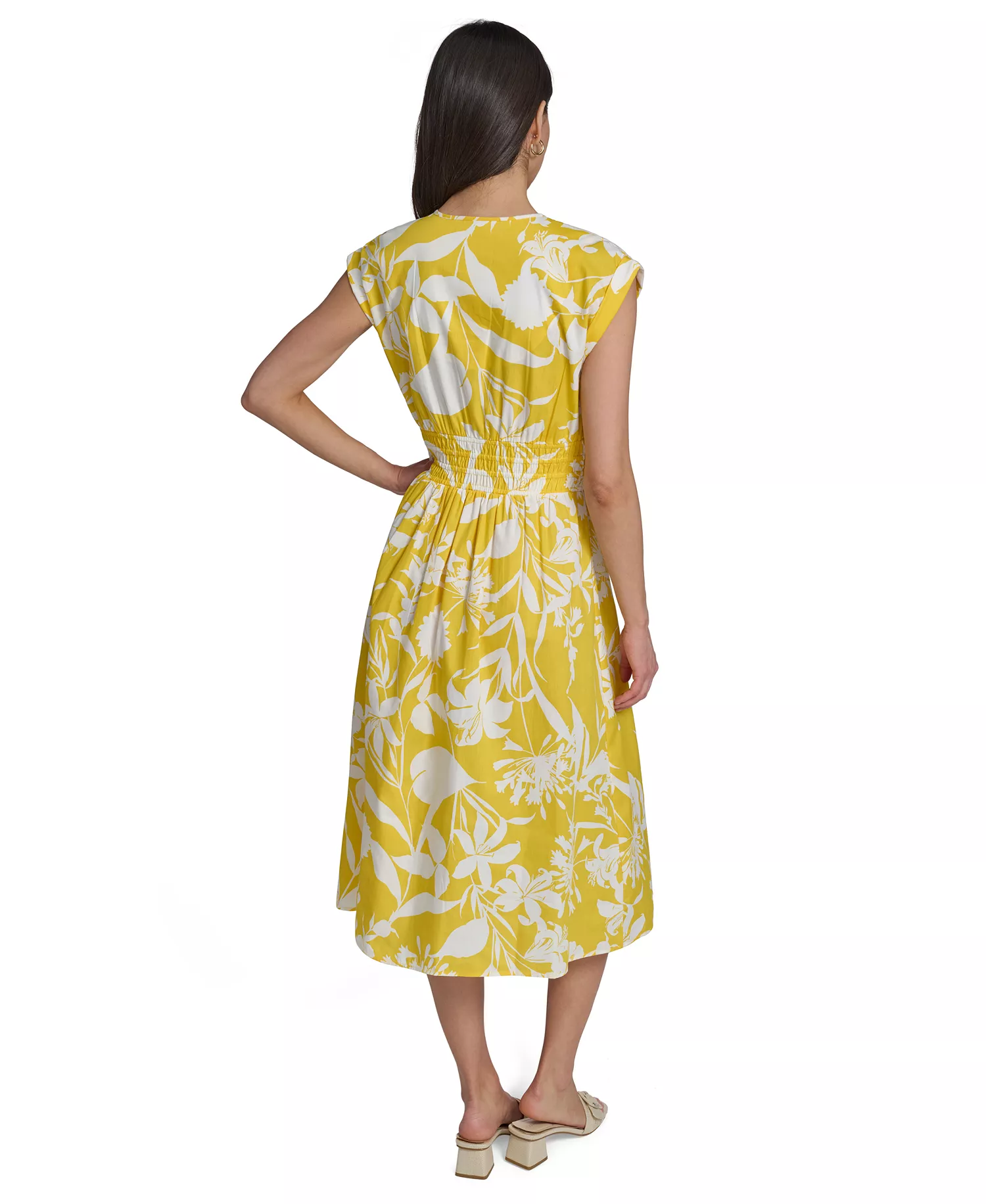 Women's Floral Smocked A-Line Midi Dress - DAFFODIL/CREAM - 10