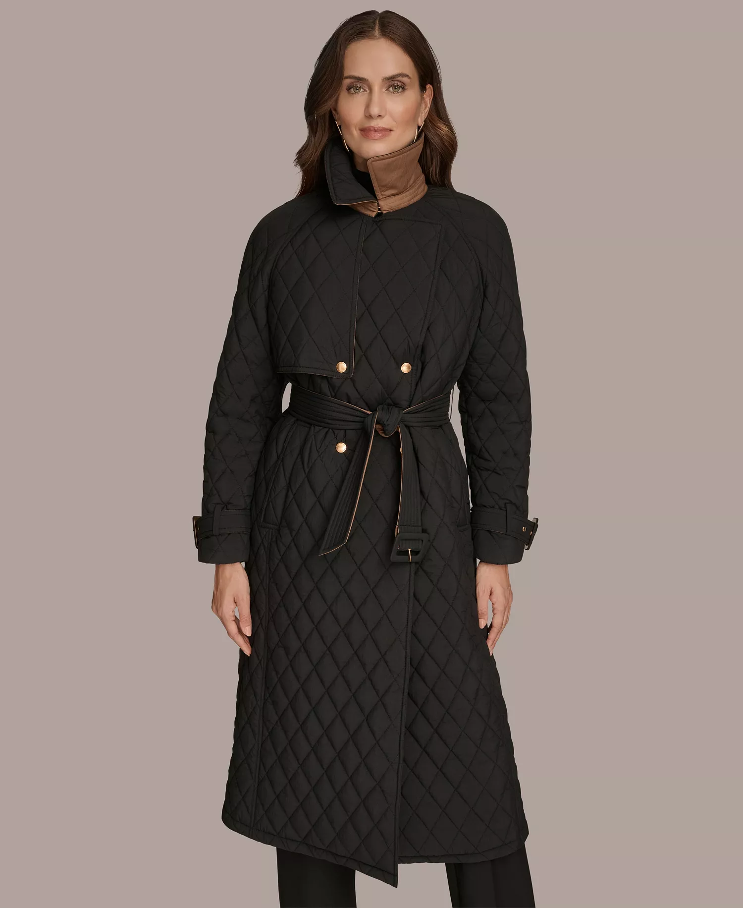 Women's Belted Maxi Quilted Coat - Black - M