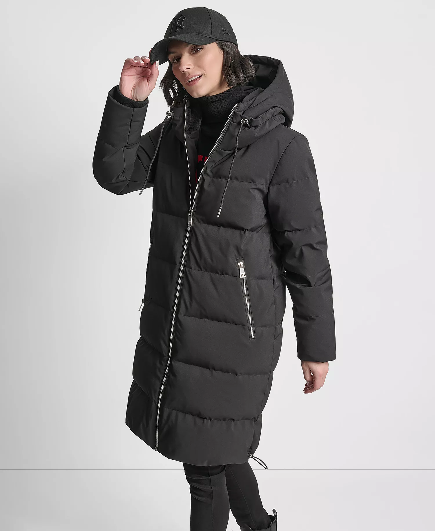 Women's Stand Collar Zipper Puffer Coat - Black - L