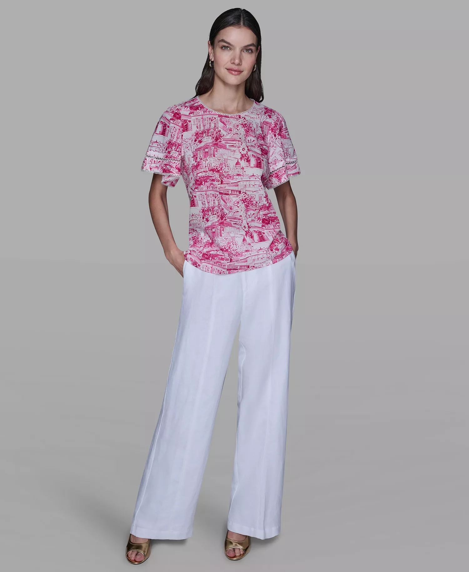 Women's Printed Trim Detail Top - Rouge/Olive Multi - L