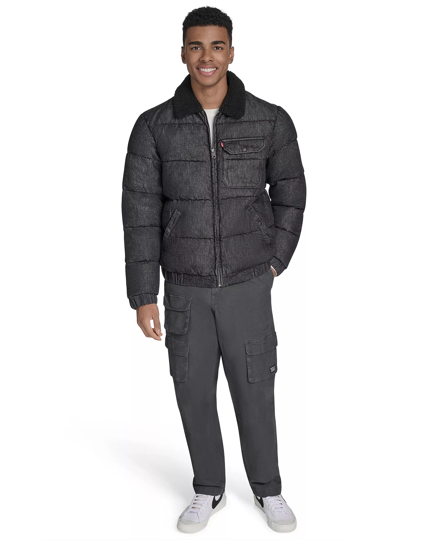 Men's Denim Quilted Sherpa Collar Jacket - Black Denim - 2XL