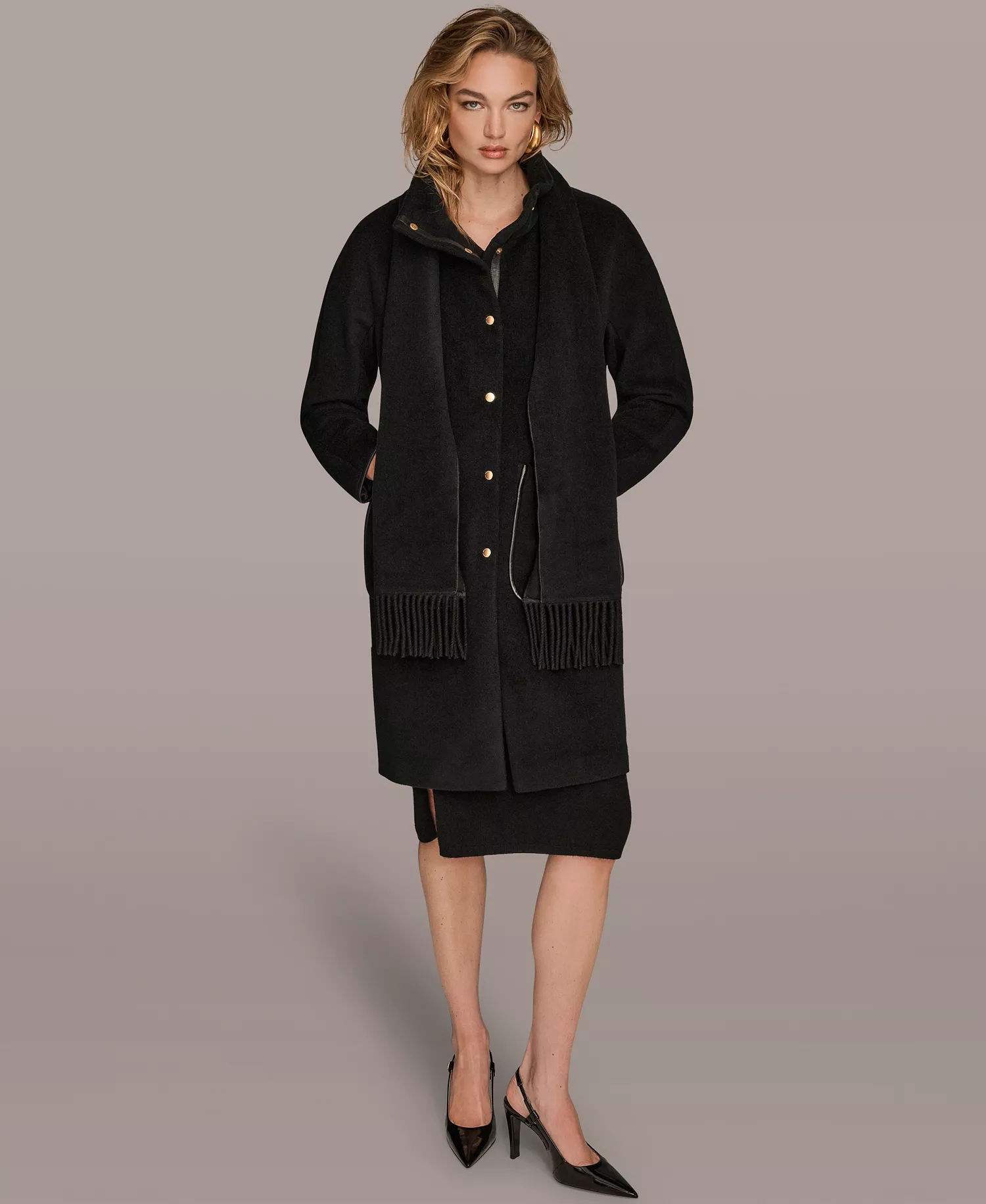 Women's Snap Button Scarf Coat - Black - L