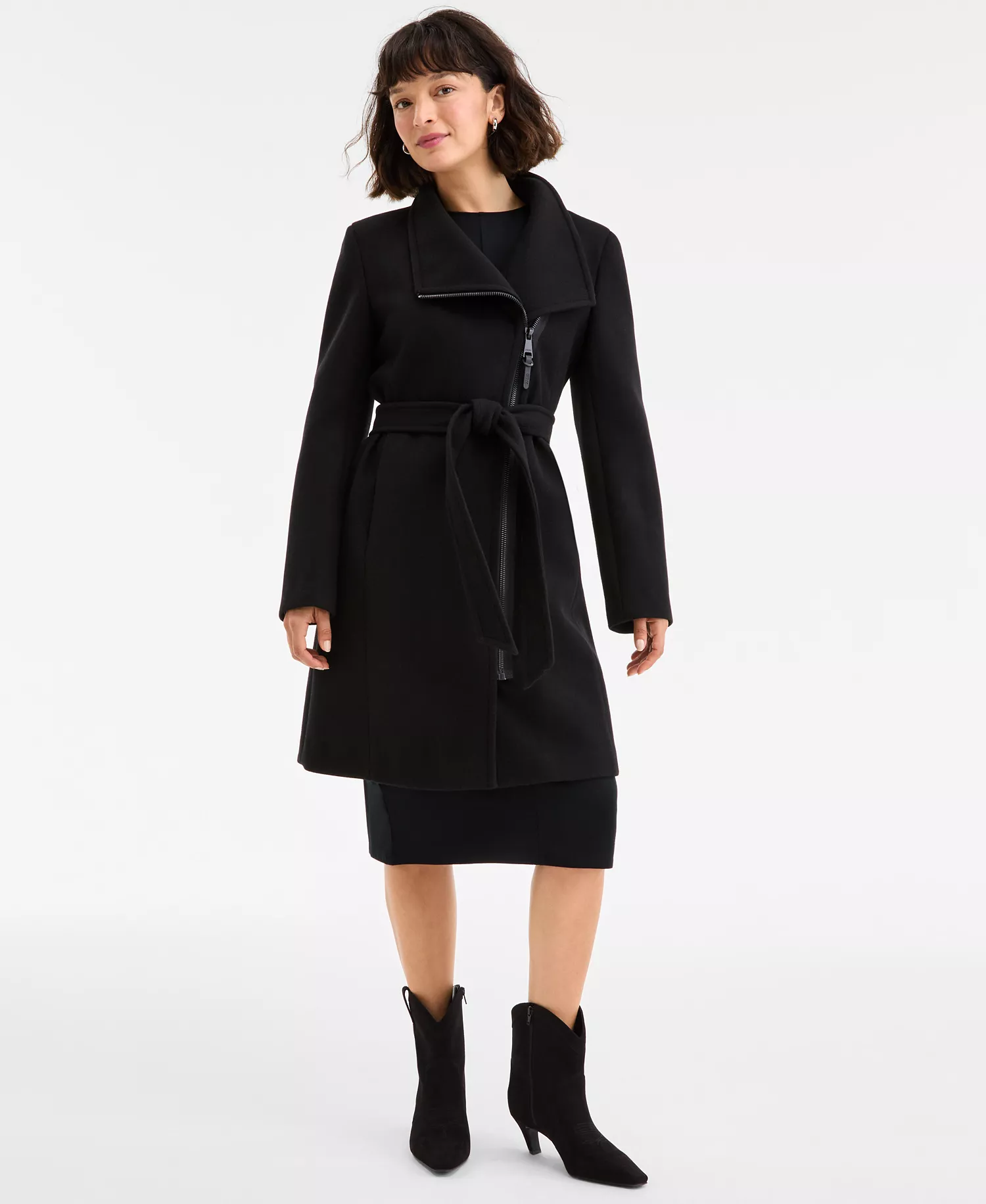 Women's Asymmetric Front-Zip Belted Coat, Exclusively at Macy's - Black - L