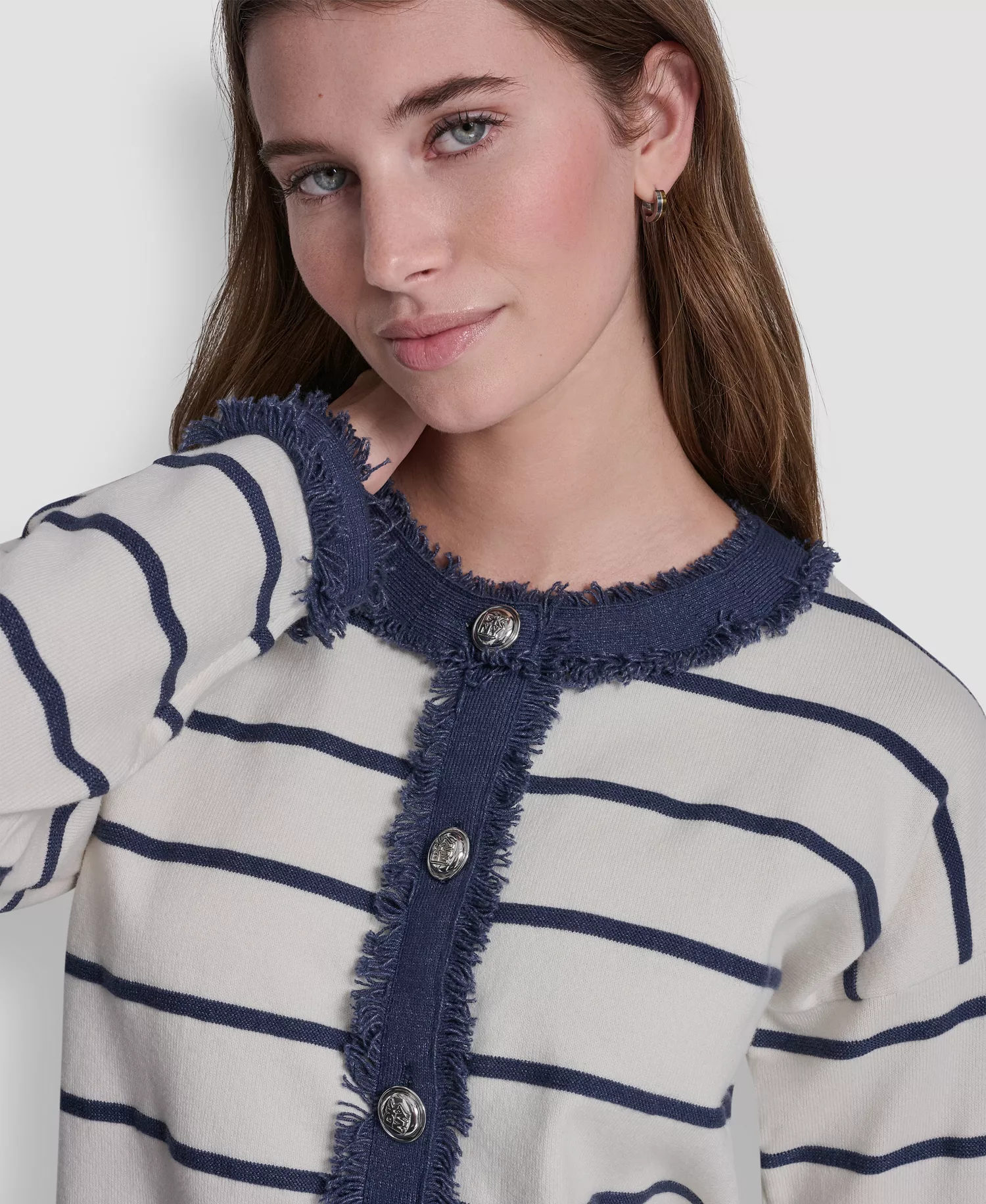 Petite Denim Fringe Crewneck Striped Cardigan - Eggnog/indigo - PL