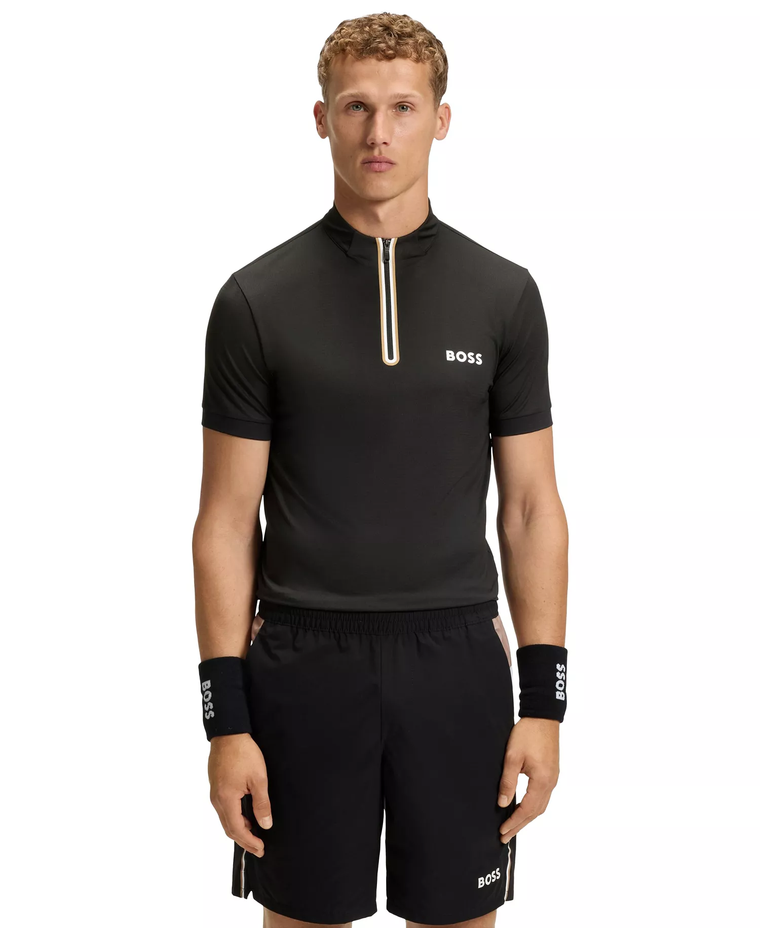 Men's Stretch-Mesh Jersey Zip-Neck T-Shirt - Black - L