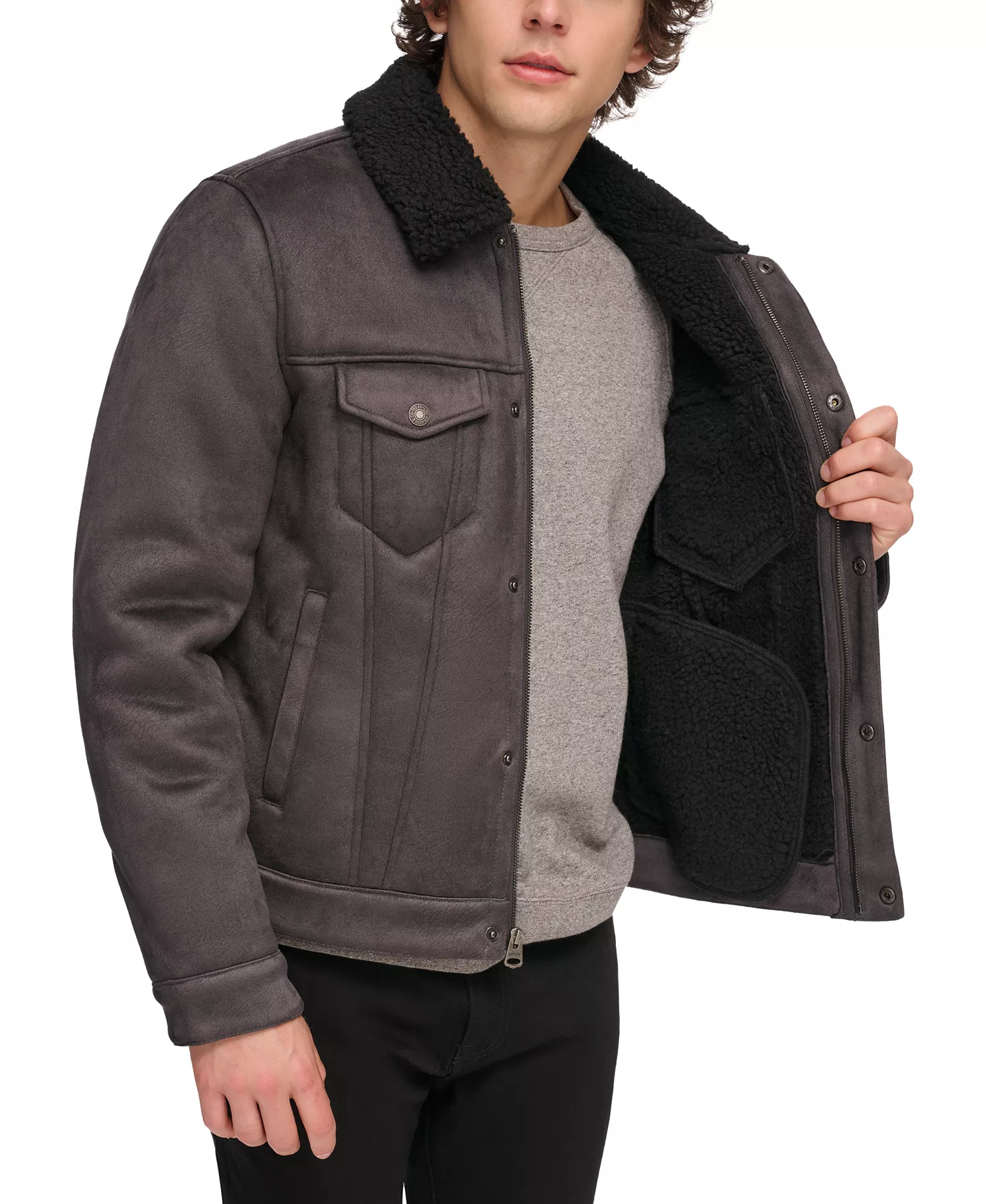 Men's Relaxed-Fit Faux-Shearling Trucker Jacket   - Black - 2XL